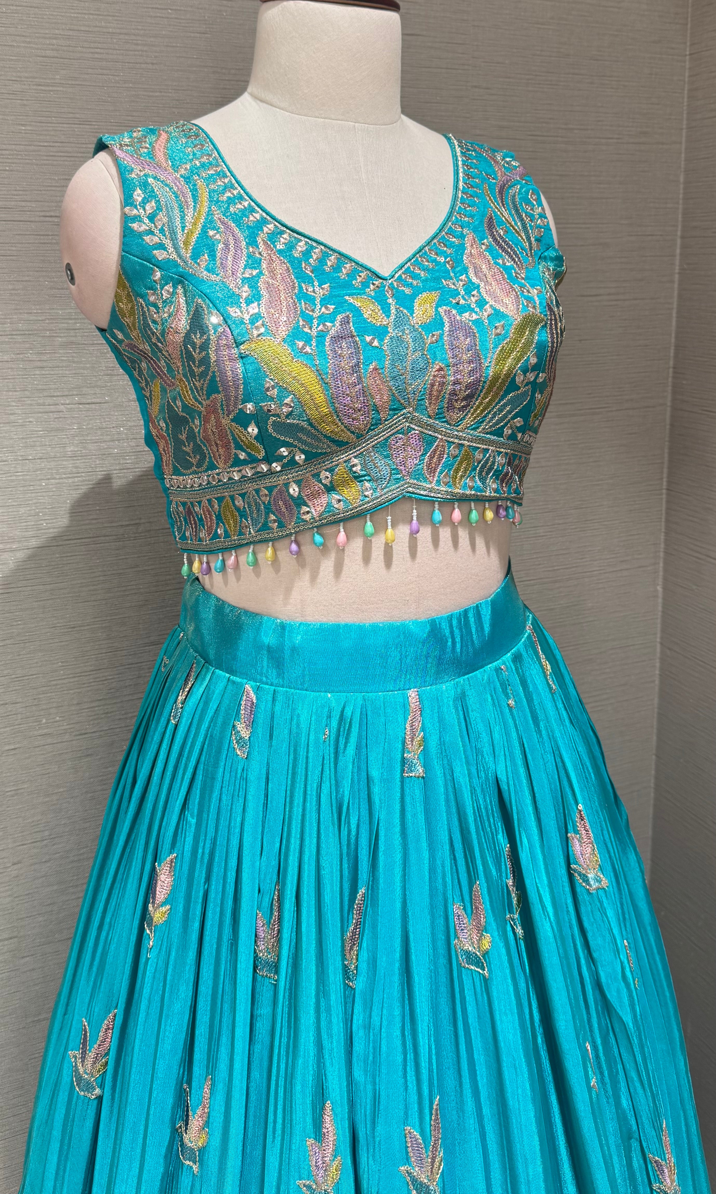Sea Blue Tissue silk Floral Print Lehenga Set