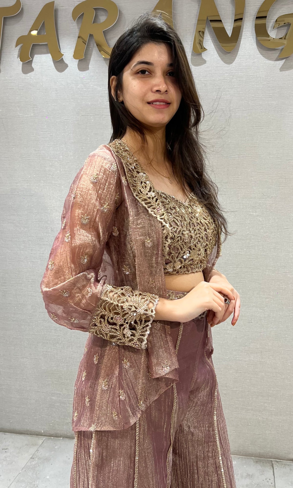 Elegant Rose Gold Shimmer Crop top Palazzo Set