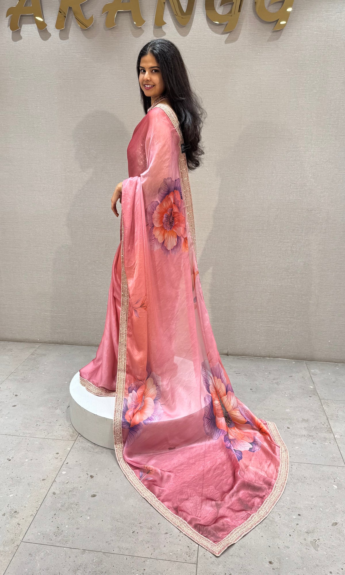 Blush Pink Satin Organza Floral Saree with Scalloped Border