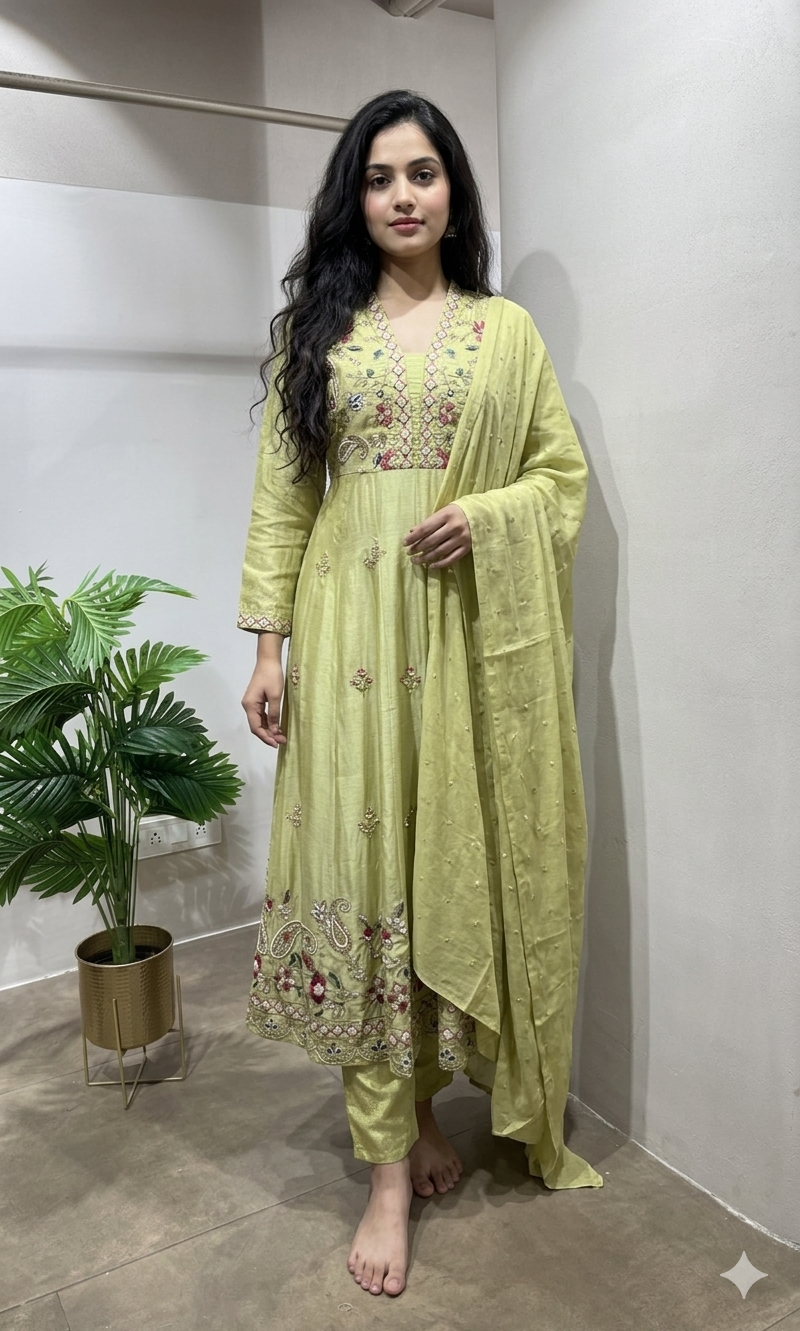 Pista Green Floral Embroidered Anarkali kurta set