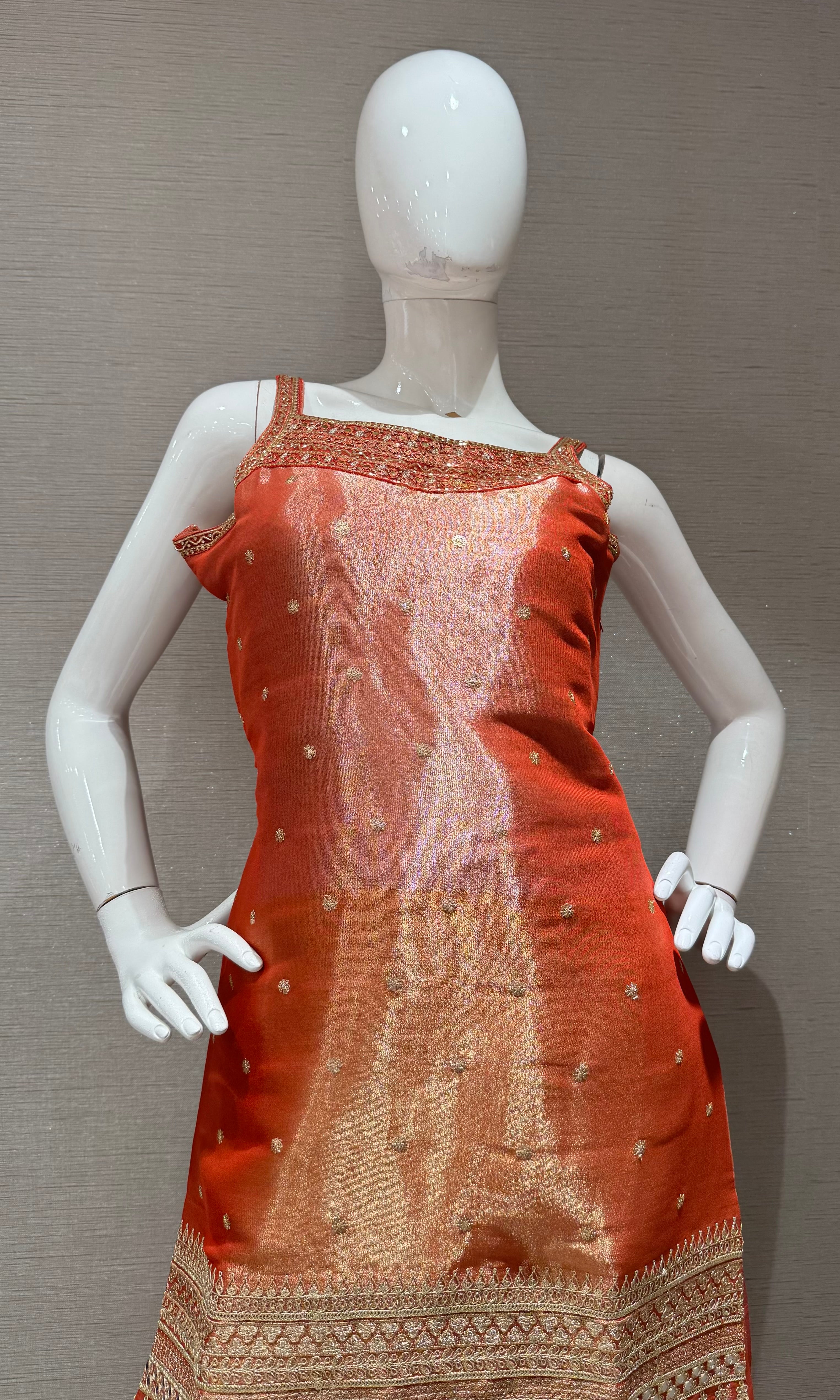 Rust and Gold Zari Sharara set with Sheer Dupatta