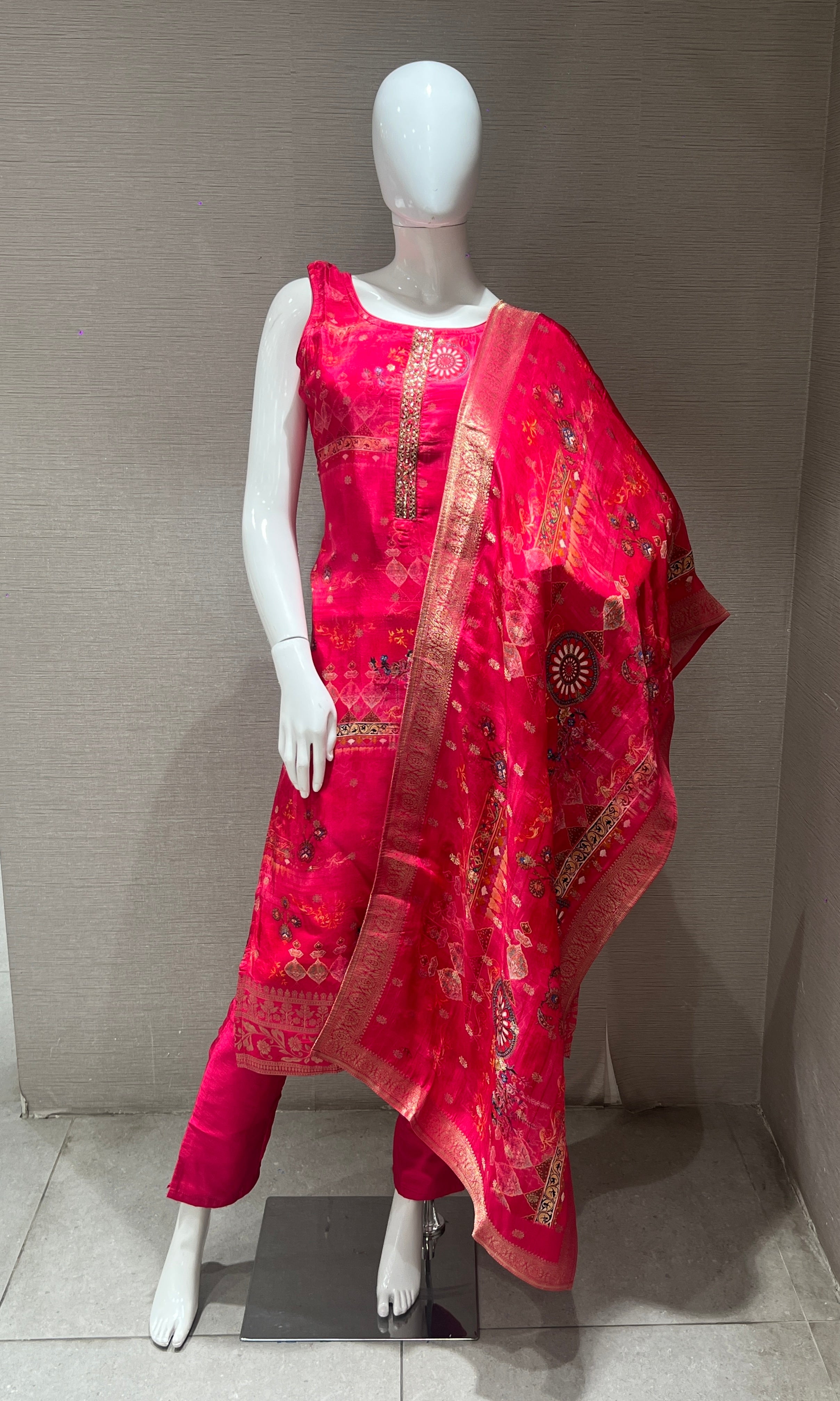 pink kurta set with a printed dupatta