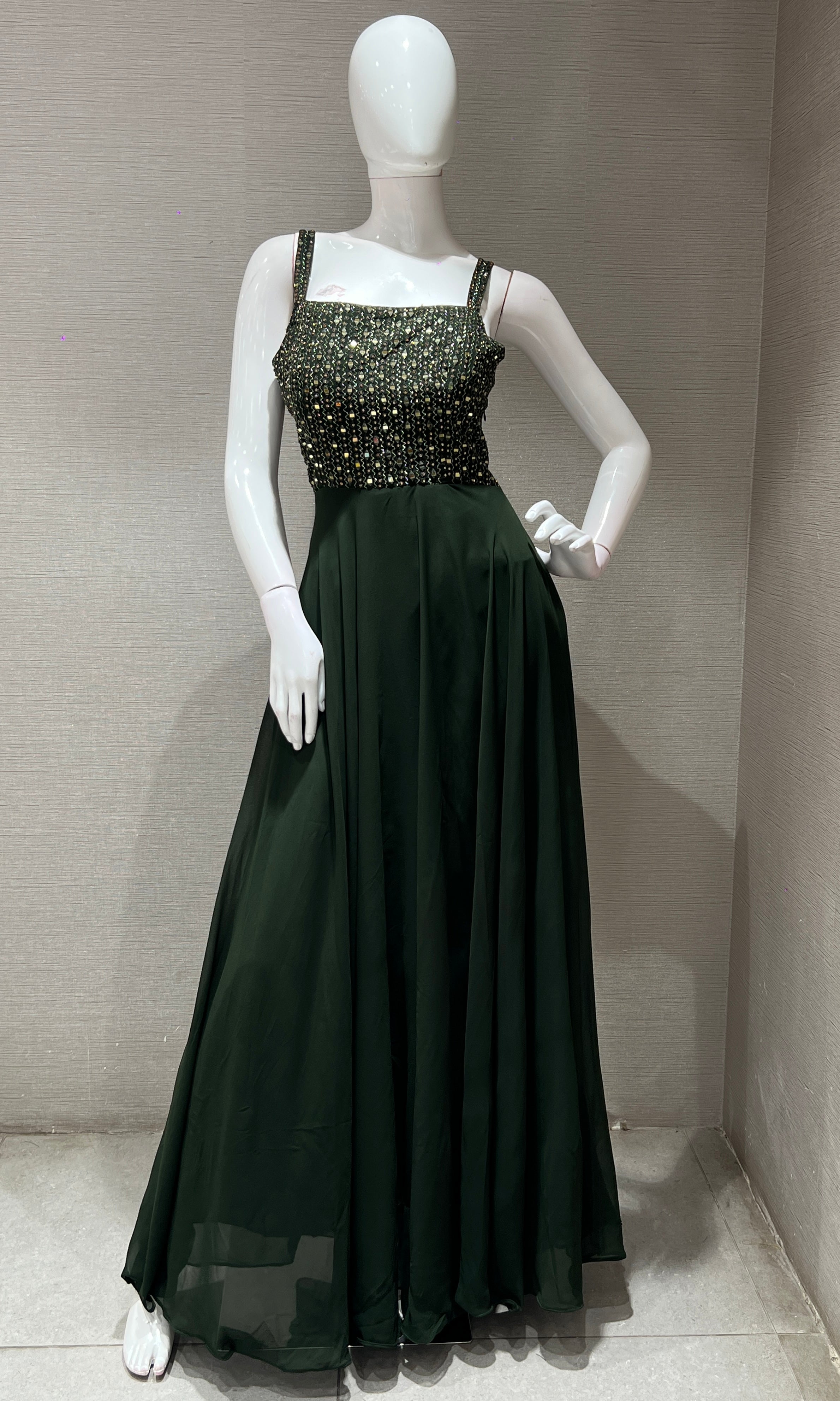 Green EMBROIDERED LONG DRESS ANARKALI