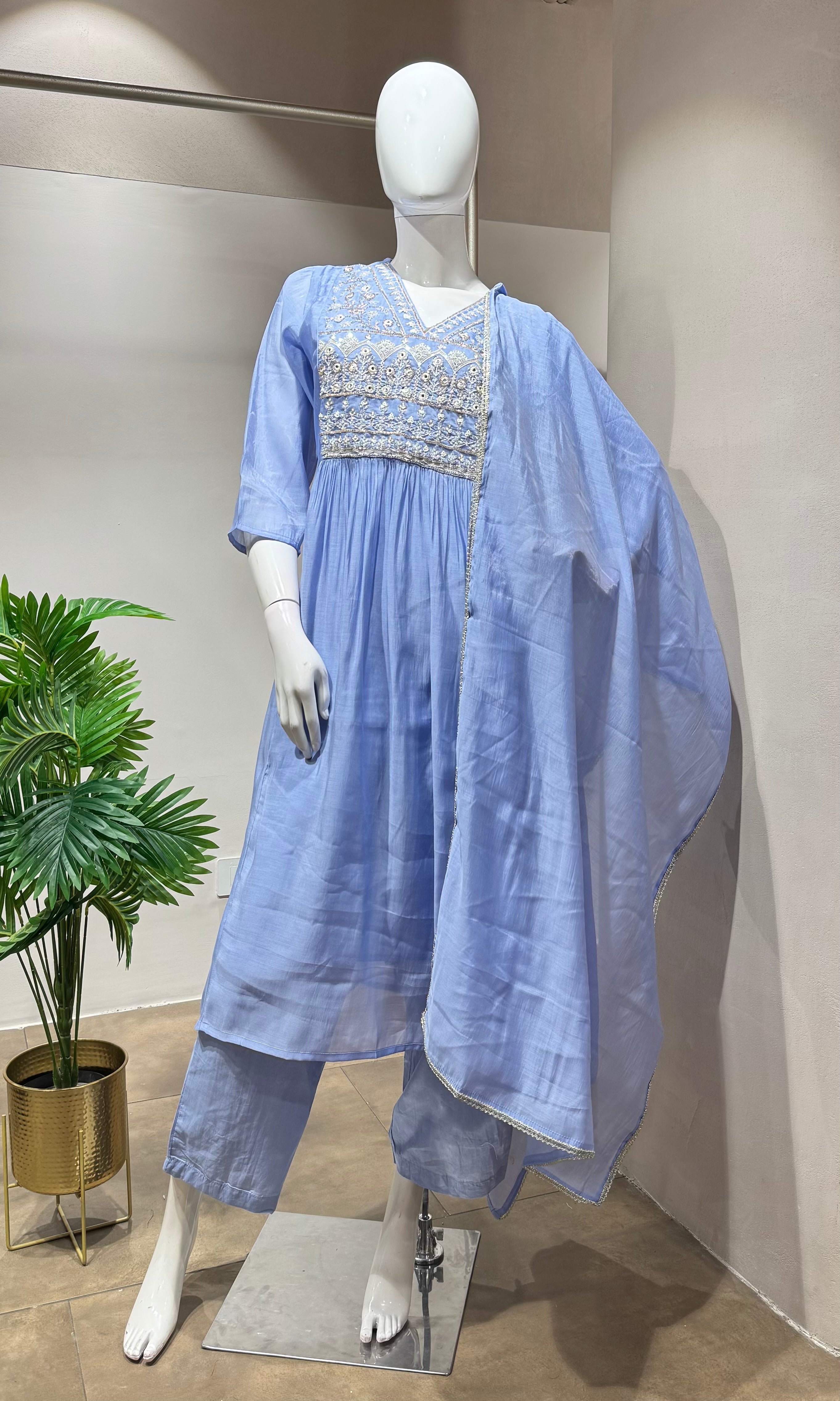 Sea blue pearl embroidery mul chanderi kurta set