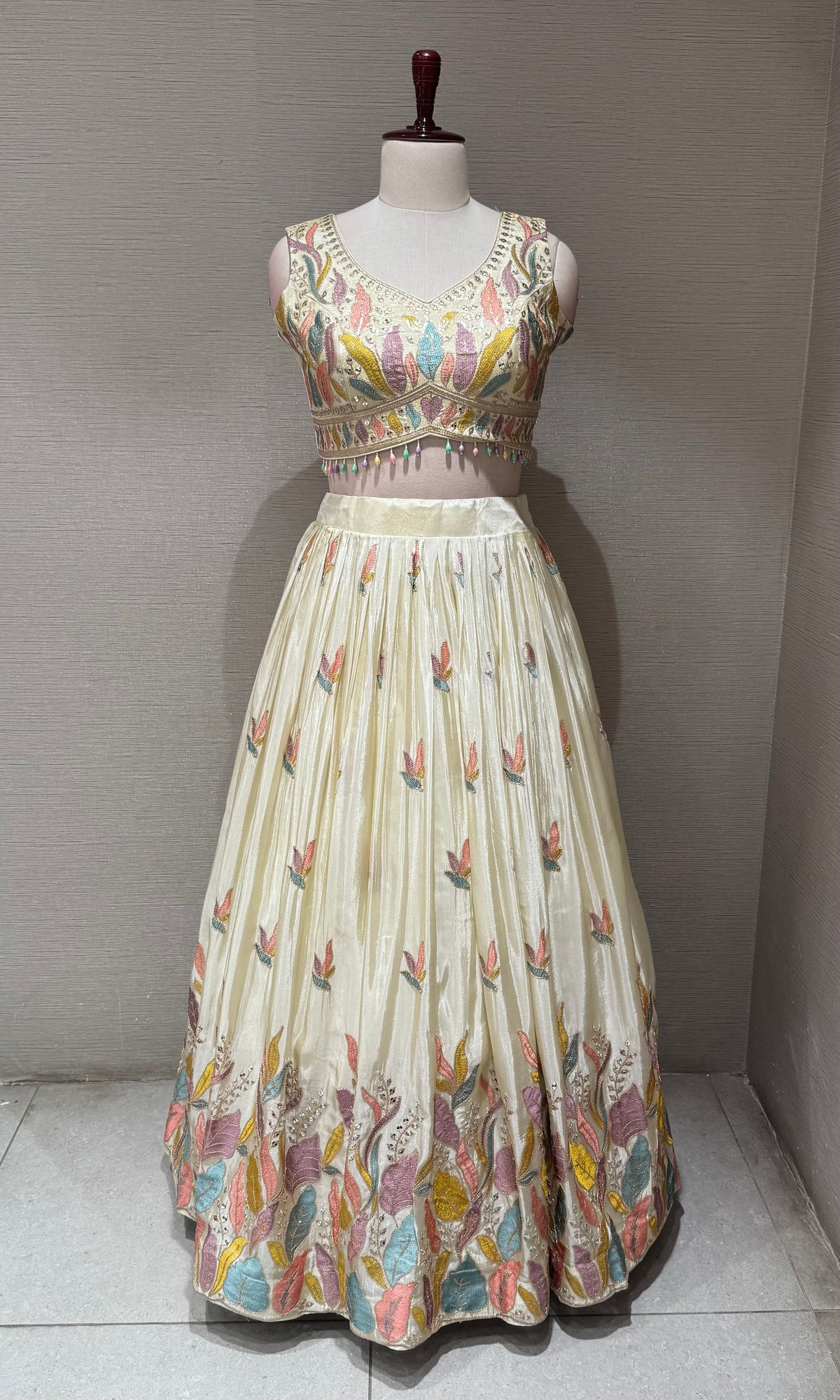 Cream Tissue silk Floral Print Lehenga Set