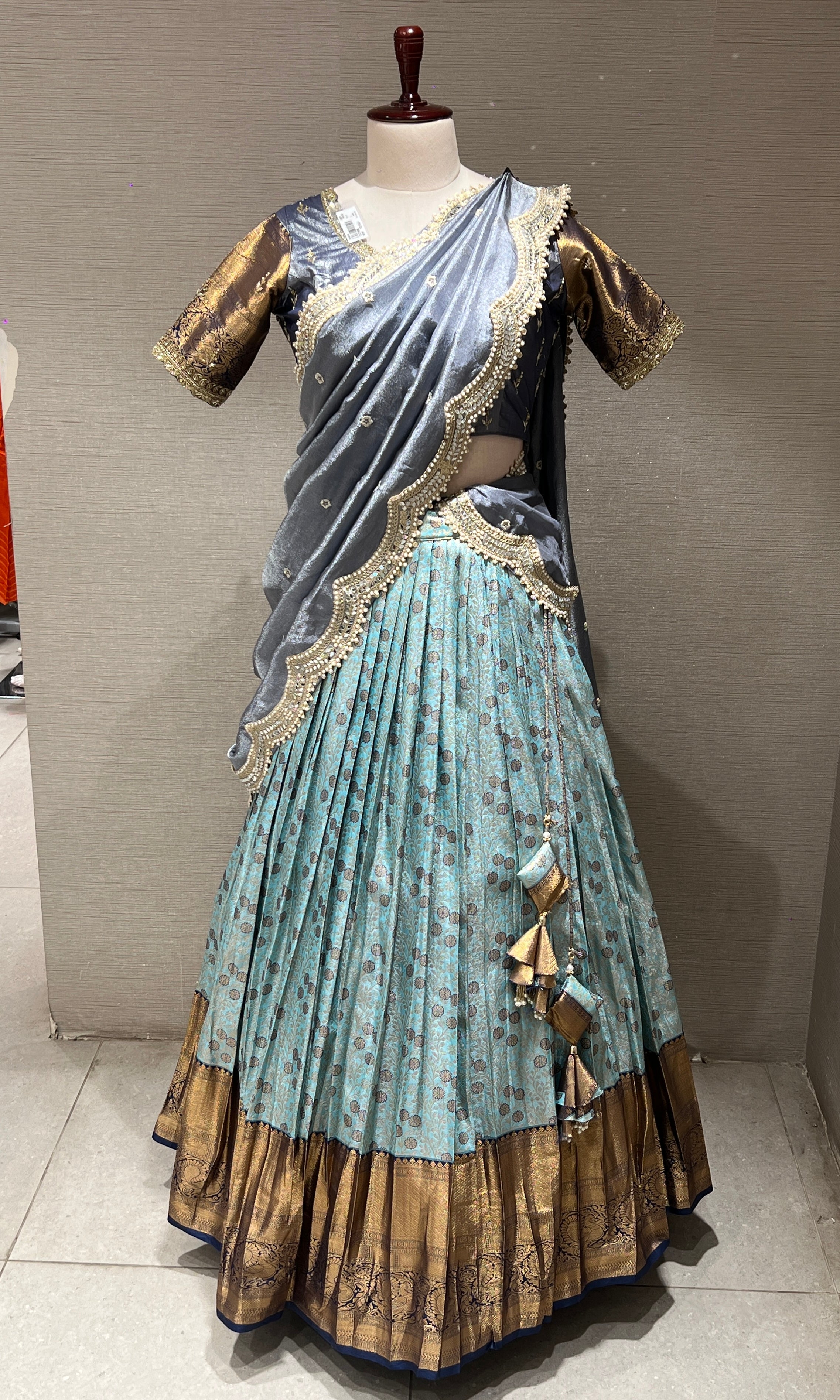 SEA BLUE Lehenga with AQUA Floral Weave