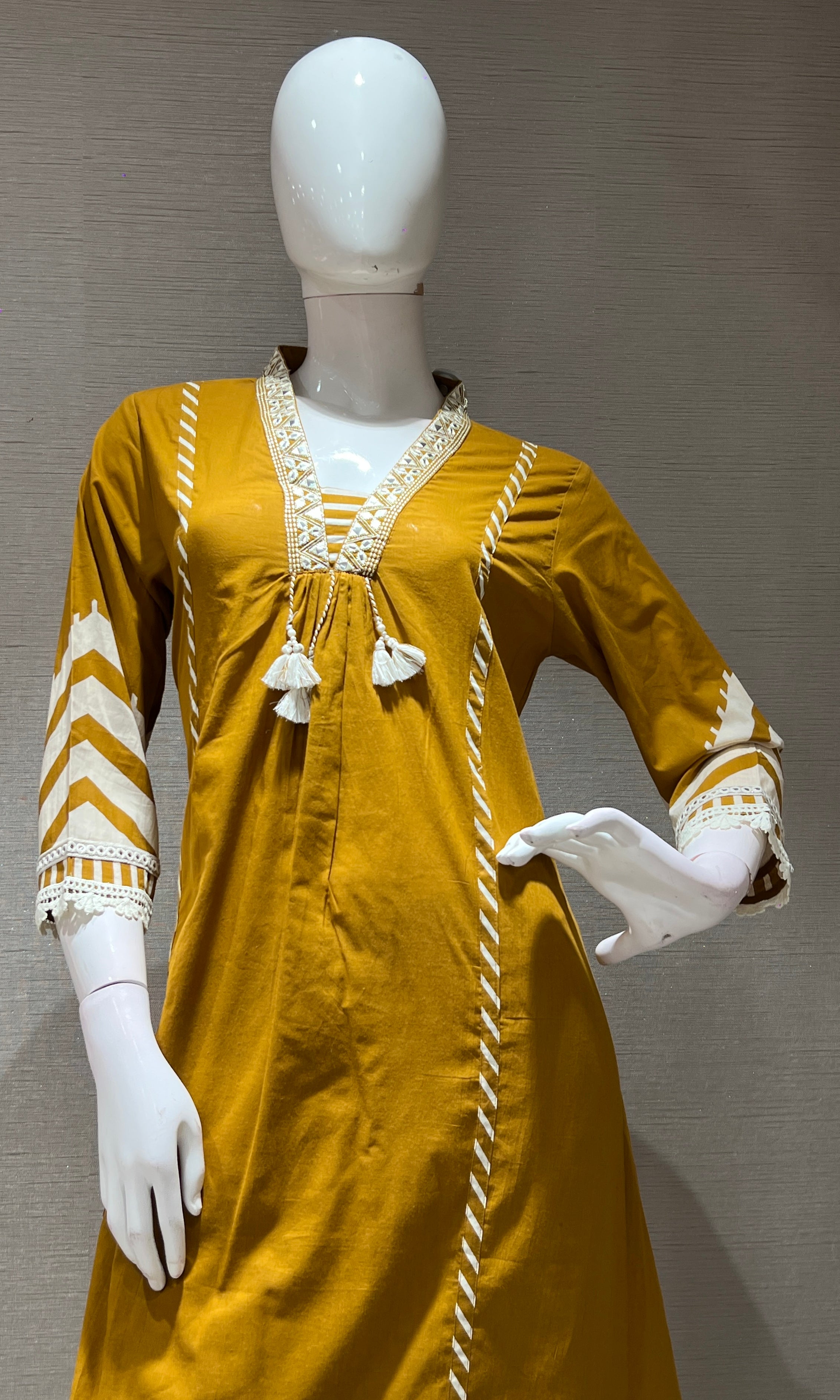 mustard yellow ethnic white lace kurta set
