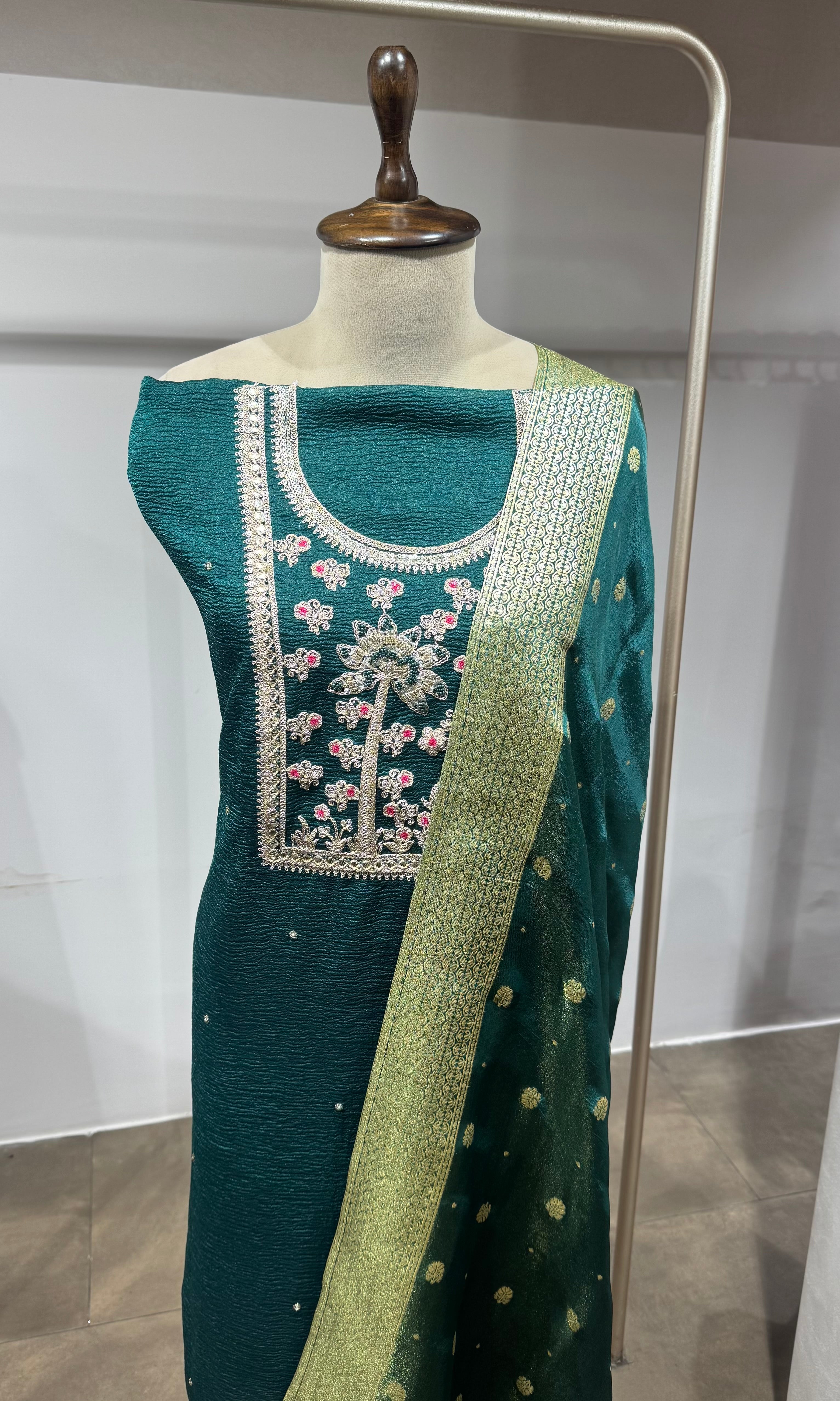 Green ETHNIC DRESS MATERIAL WITH BANARASI DUPATTA