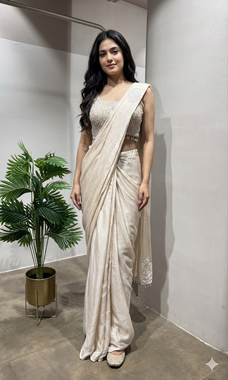 Cream Satin Drape Saree with Blouse