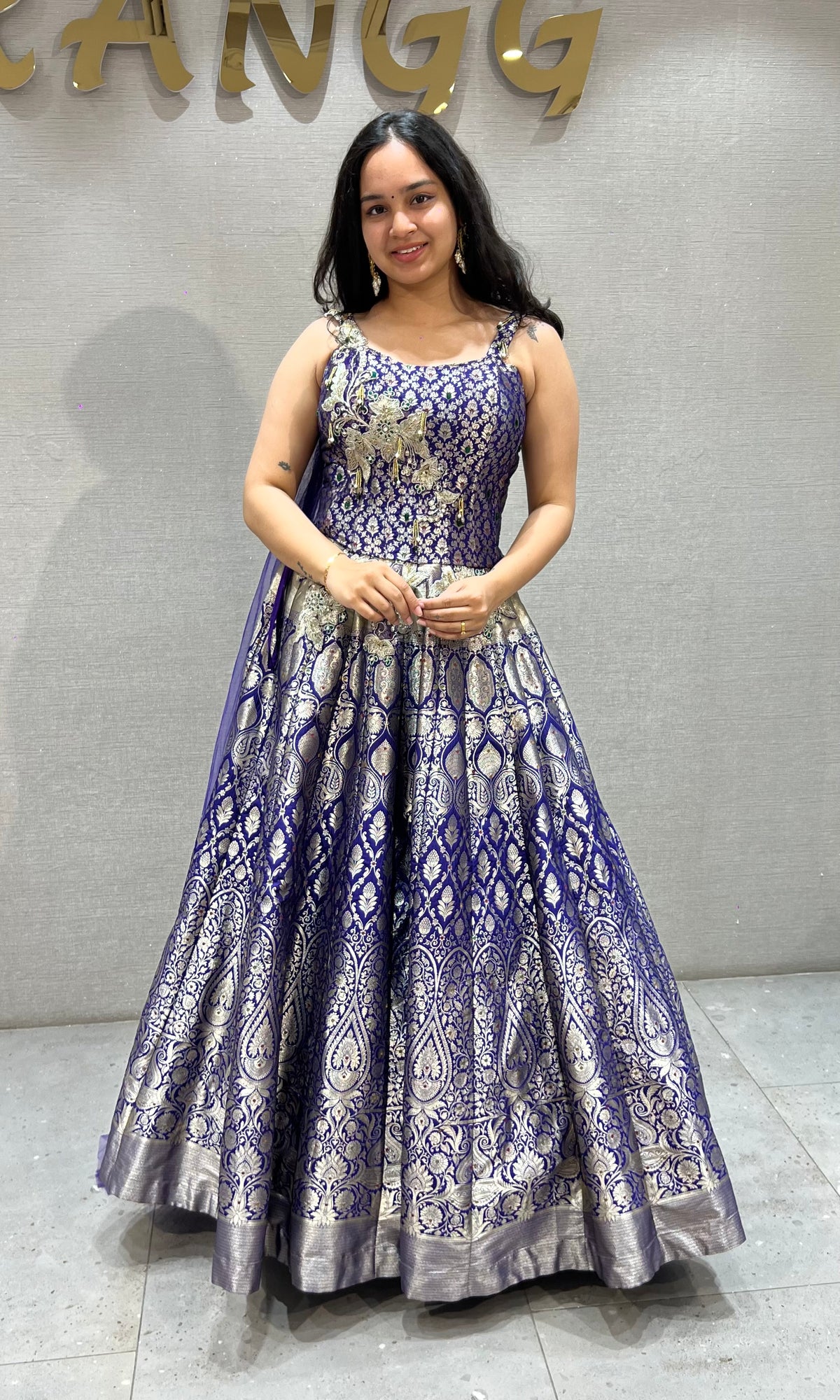 Purple Banarasi lehenga with corset blouse