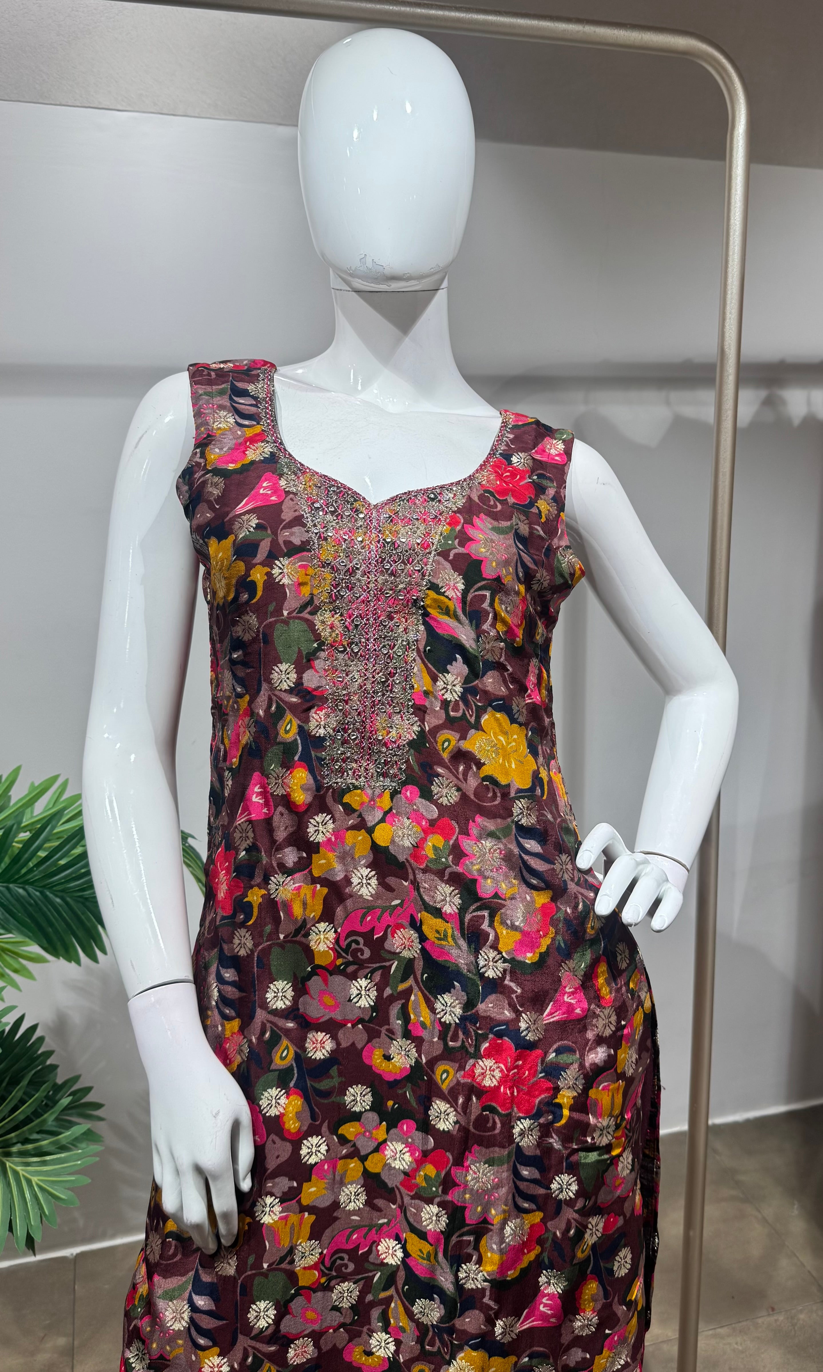 Wine multi floral printed kurta set