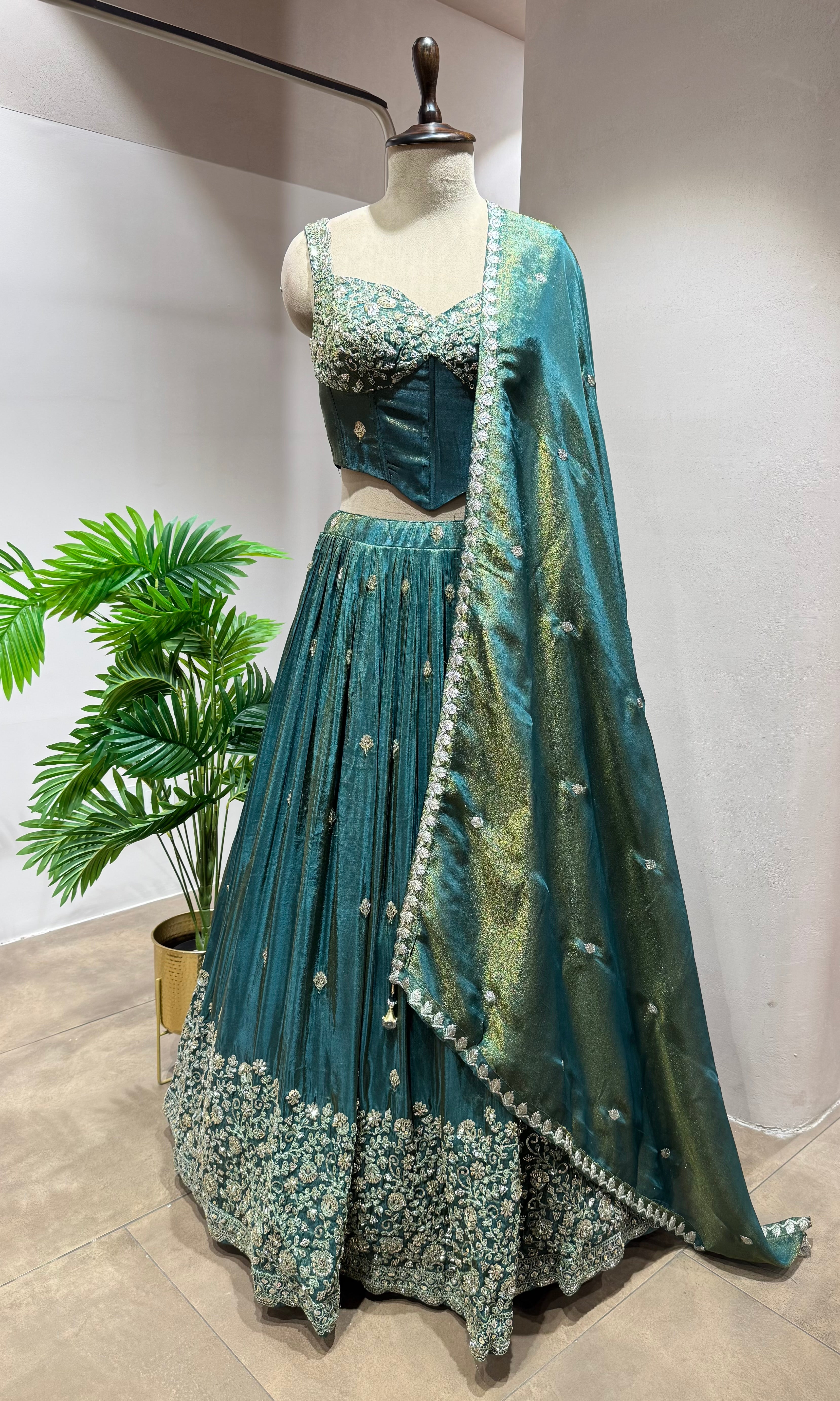 Green EMBROIDERED Lehenga with Embellished Corset Blouse