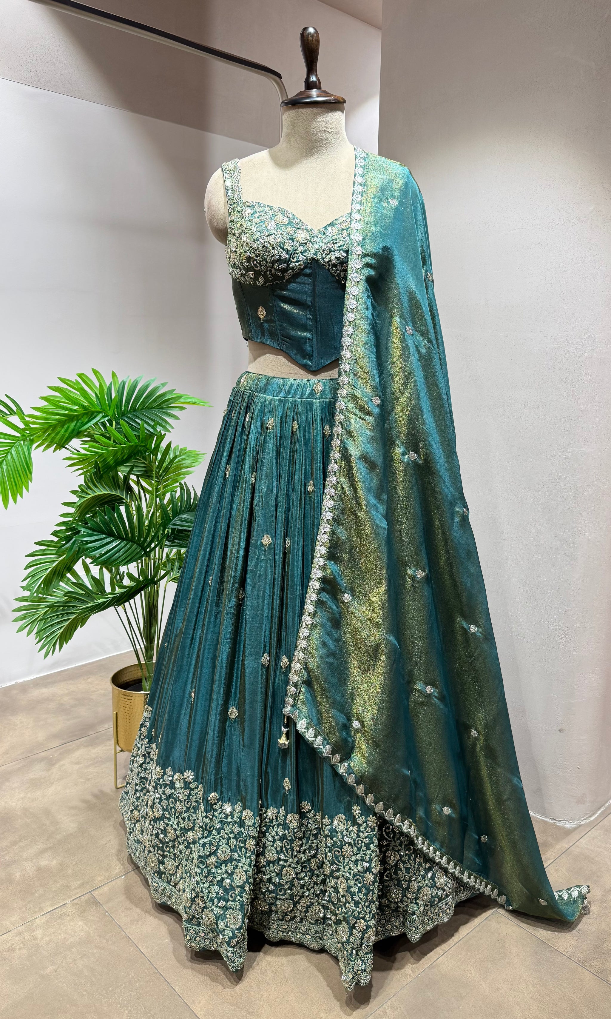 Green EMBROIDERED Lehenga with Embellished Corset Blouse
