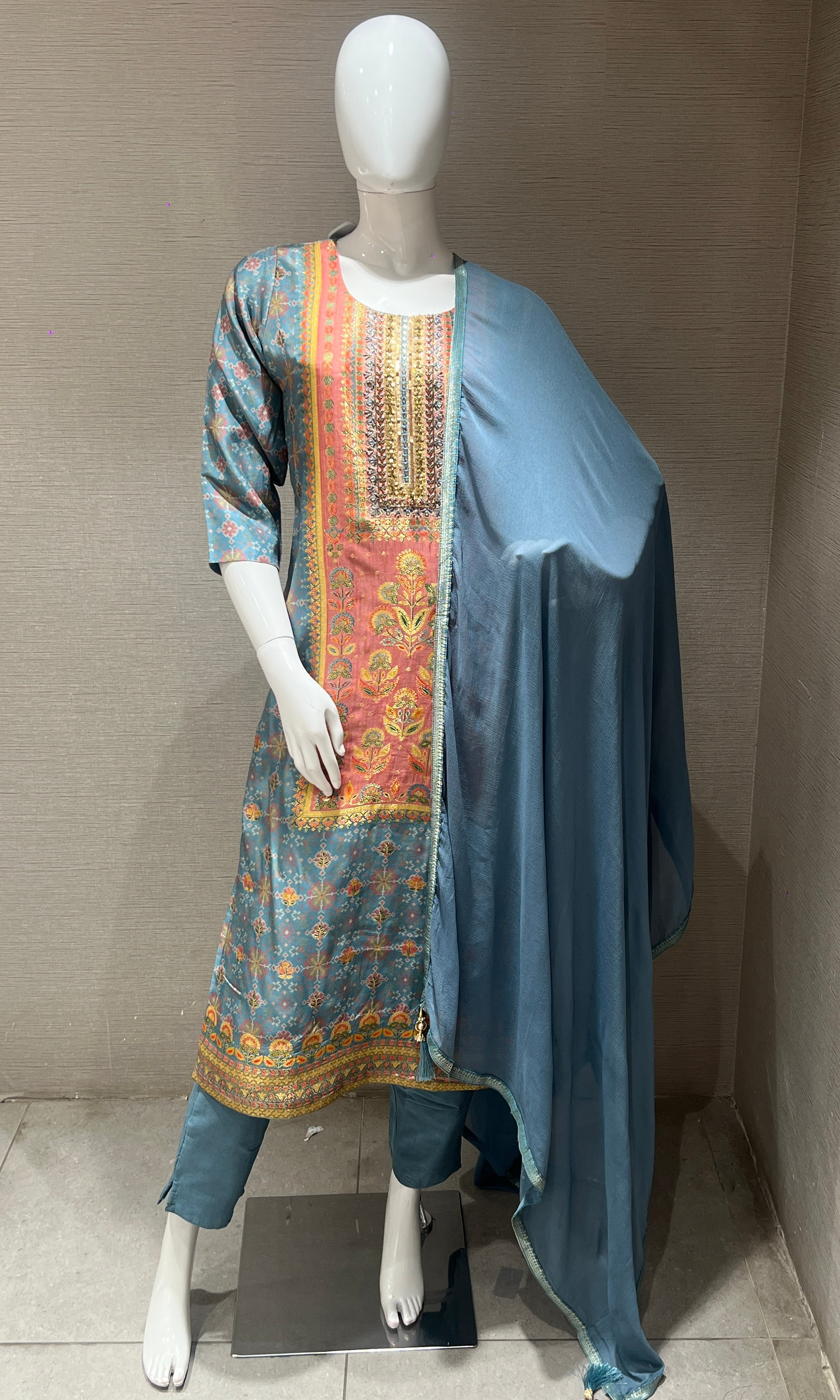 Blue and Orange Printed Kurta Set with Dupatta