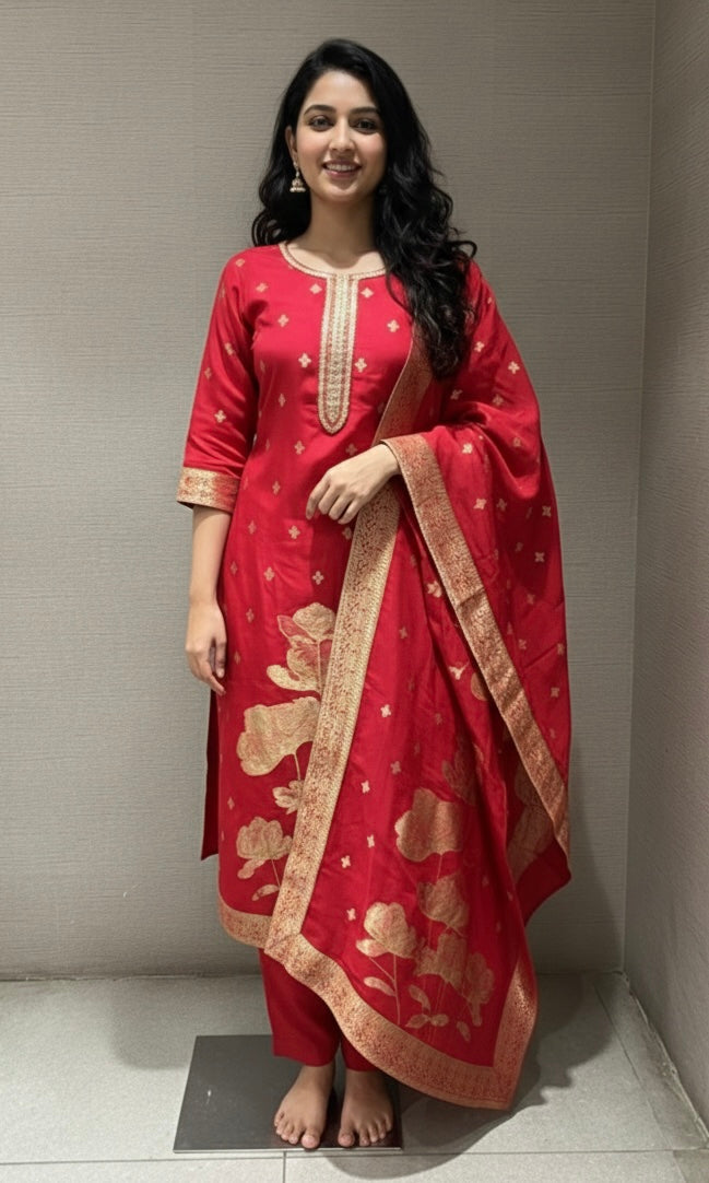 Rani pink golden floral kurta set