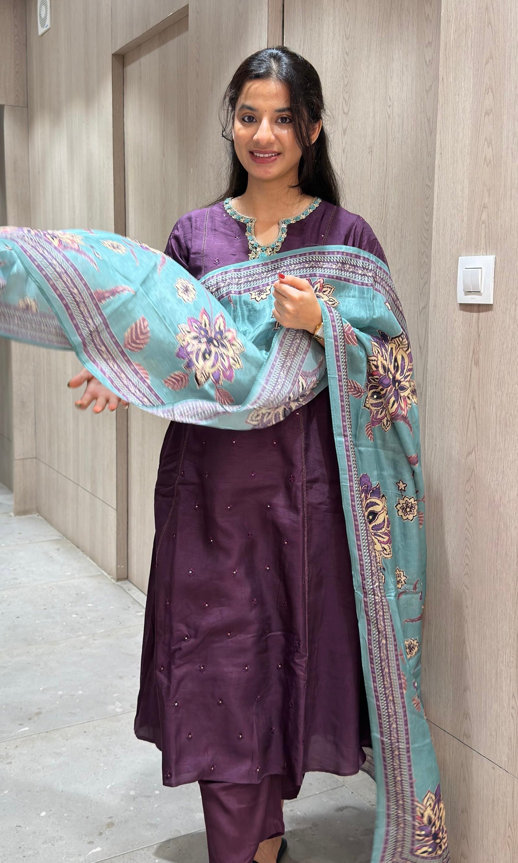 wine kurta set with floral printed dupatta