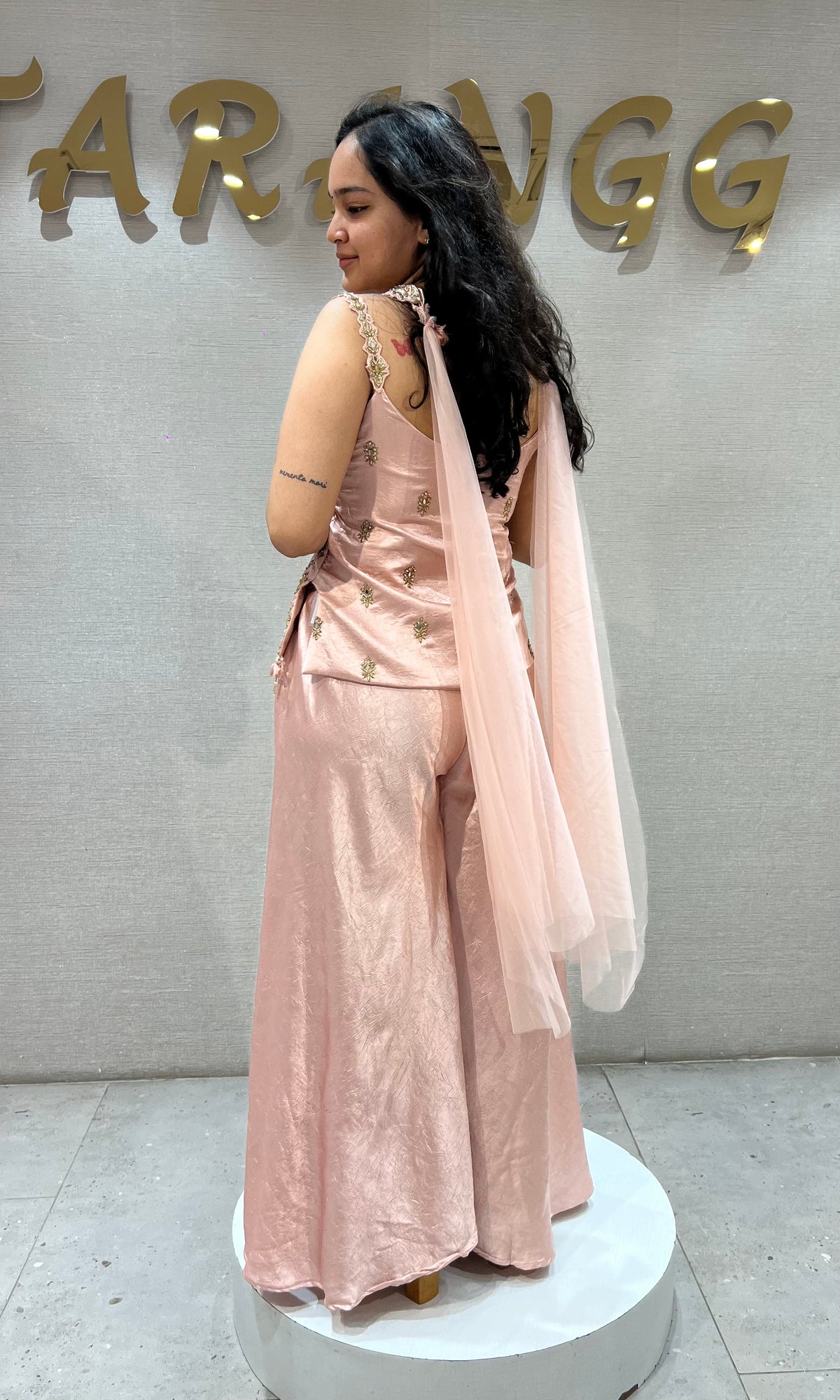 Baby Pink Satin Palazzo Ensemble with Gold Embroidery