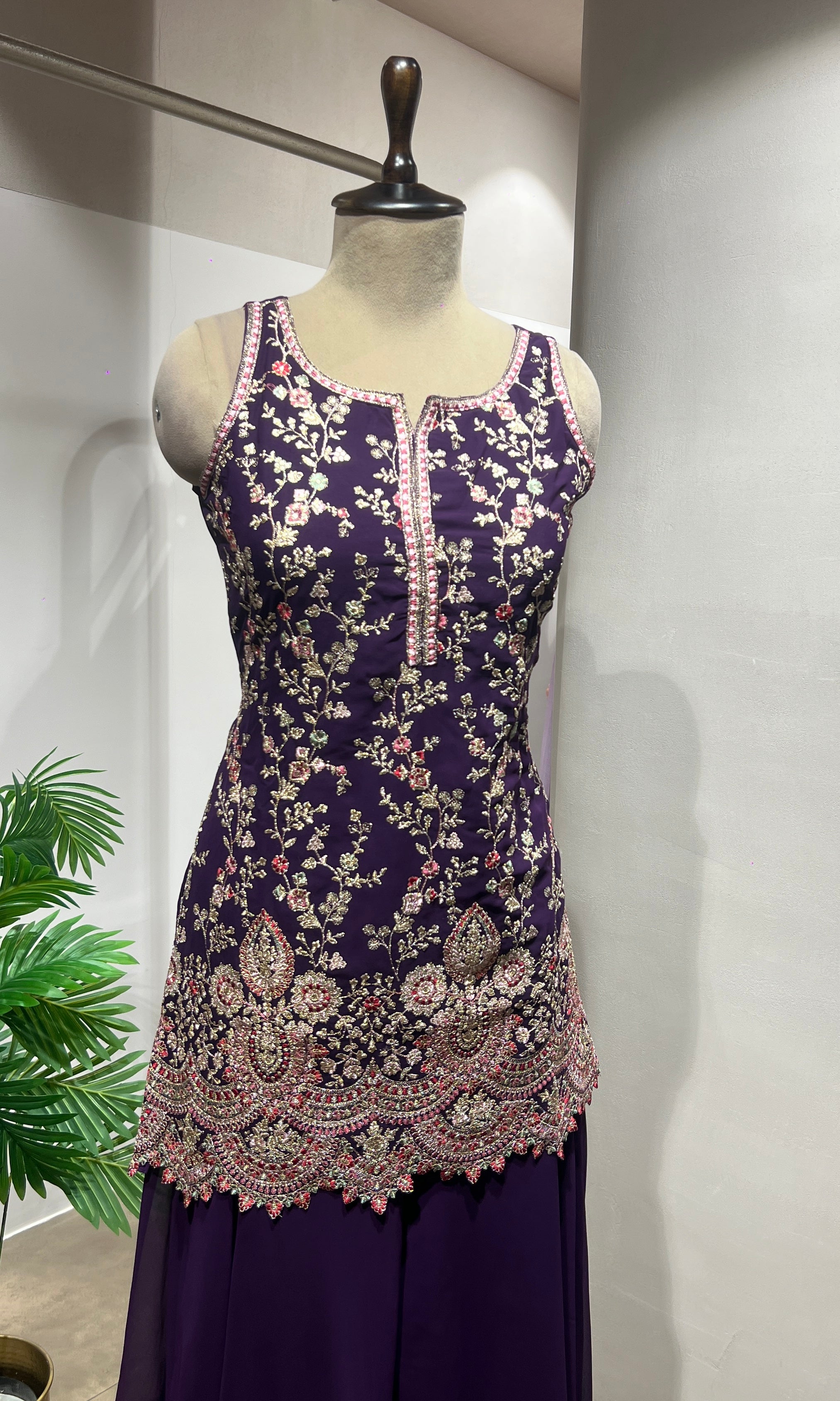 Wine Sequin & Zari Embroidered Sharara Suit