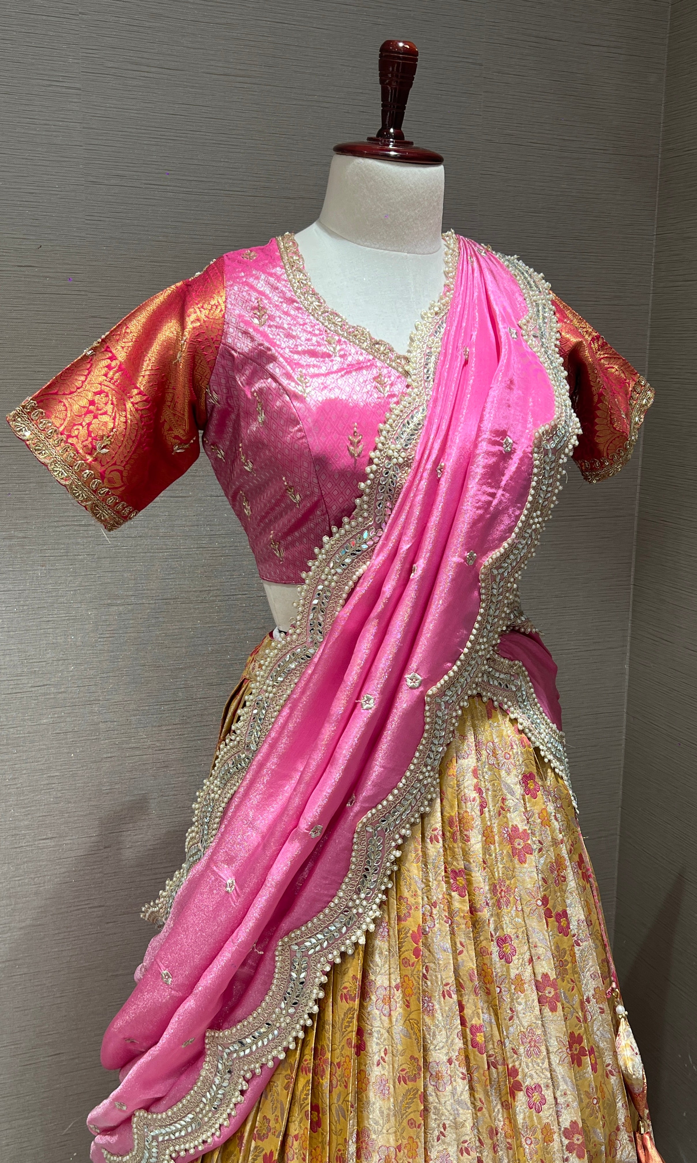 Mustard yellow Floral Zari Work Lehenga