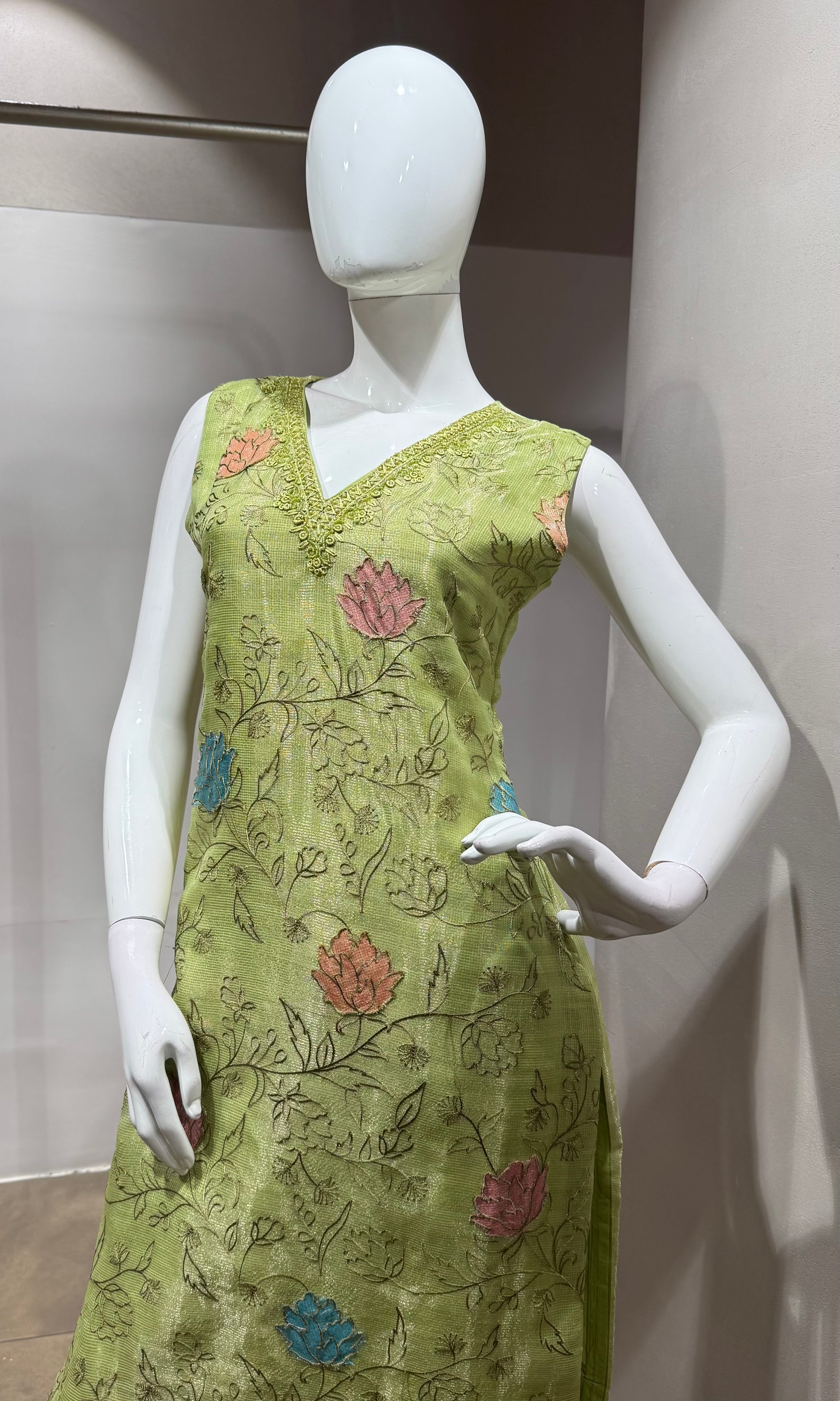 green tissue kurta set with sheer dupatta