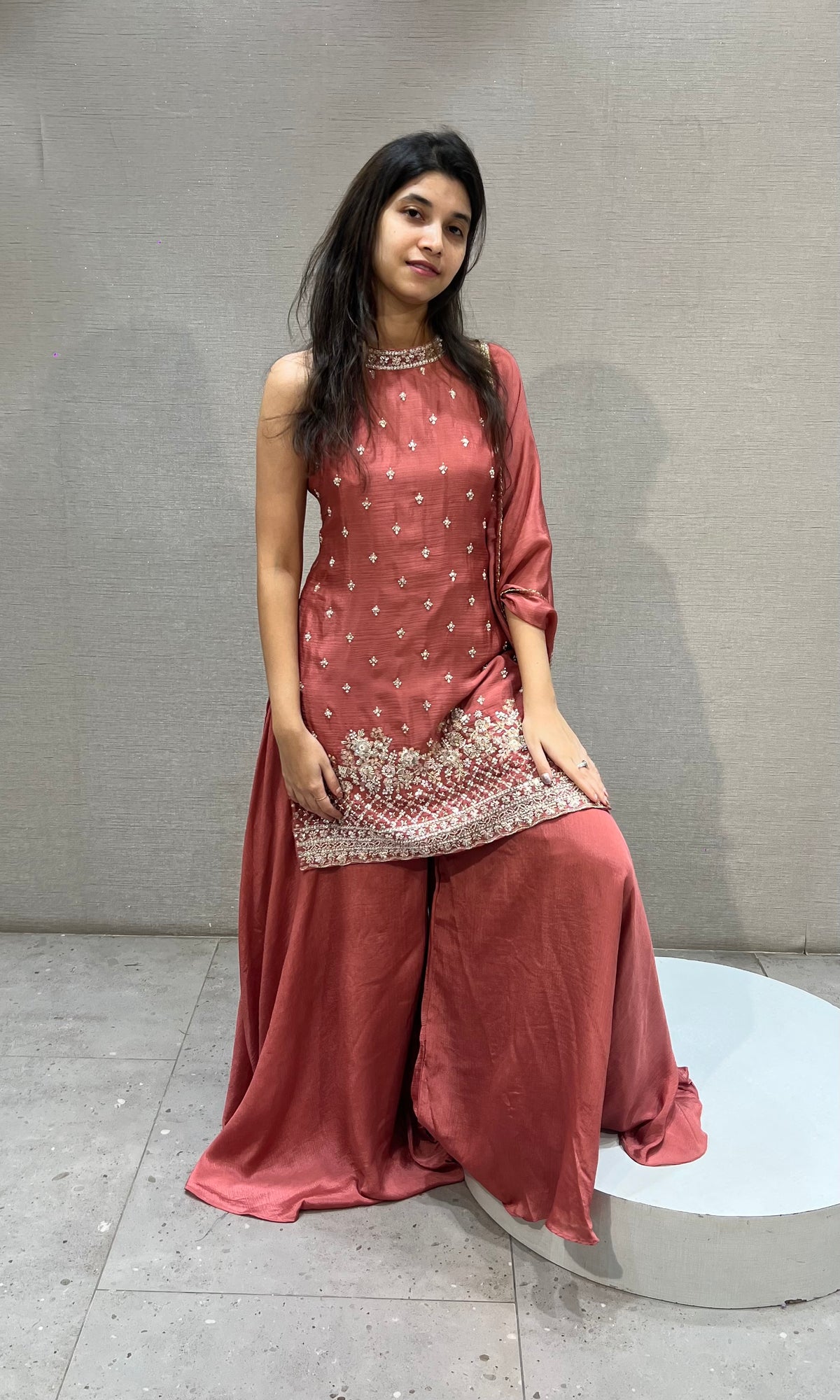 Rust Silk Embroidered Kurta and Palazzo Set