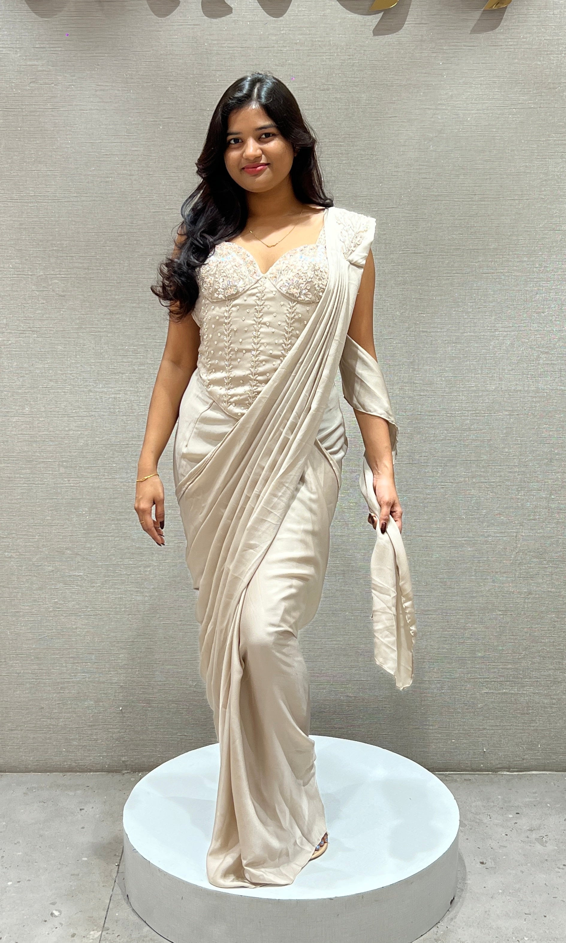 Beigh Drape Saree with Embroidered Corset Top
