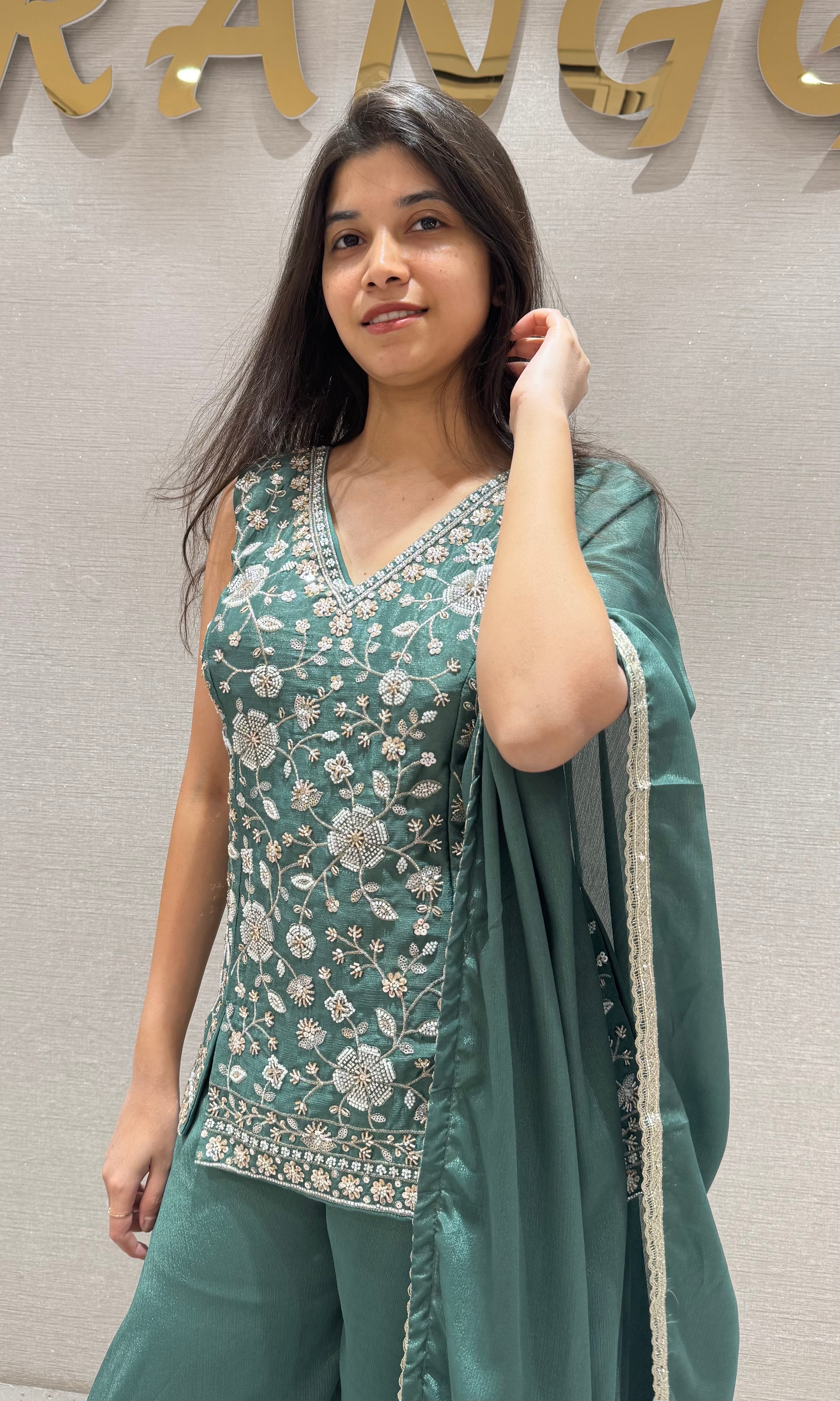 Green Peplum Sharara Set with Floral Embroidery