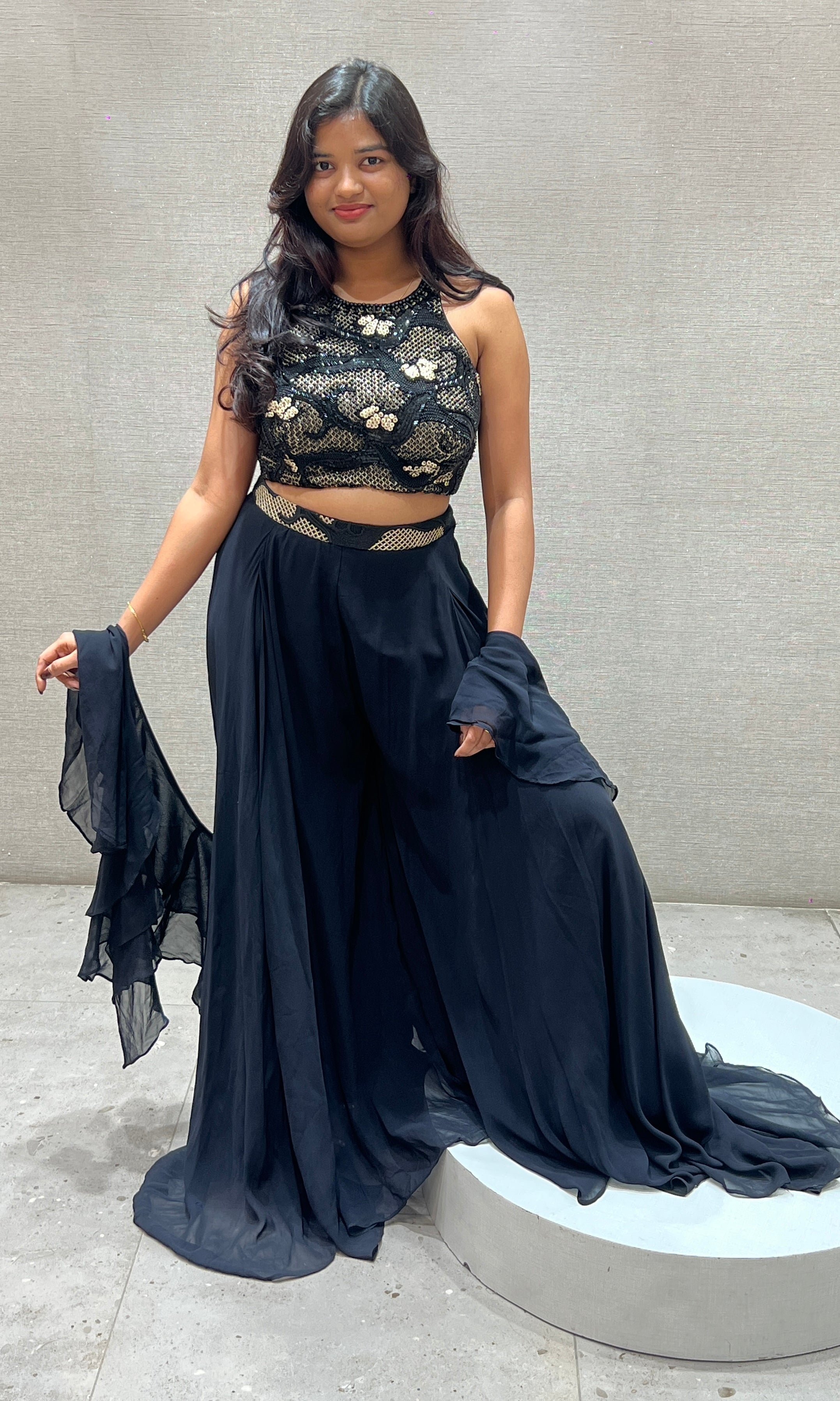 Black Embellished Halter Neck Top and Skirt