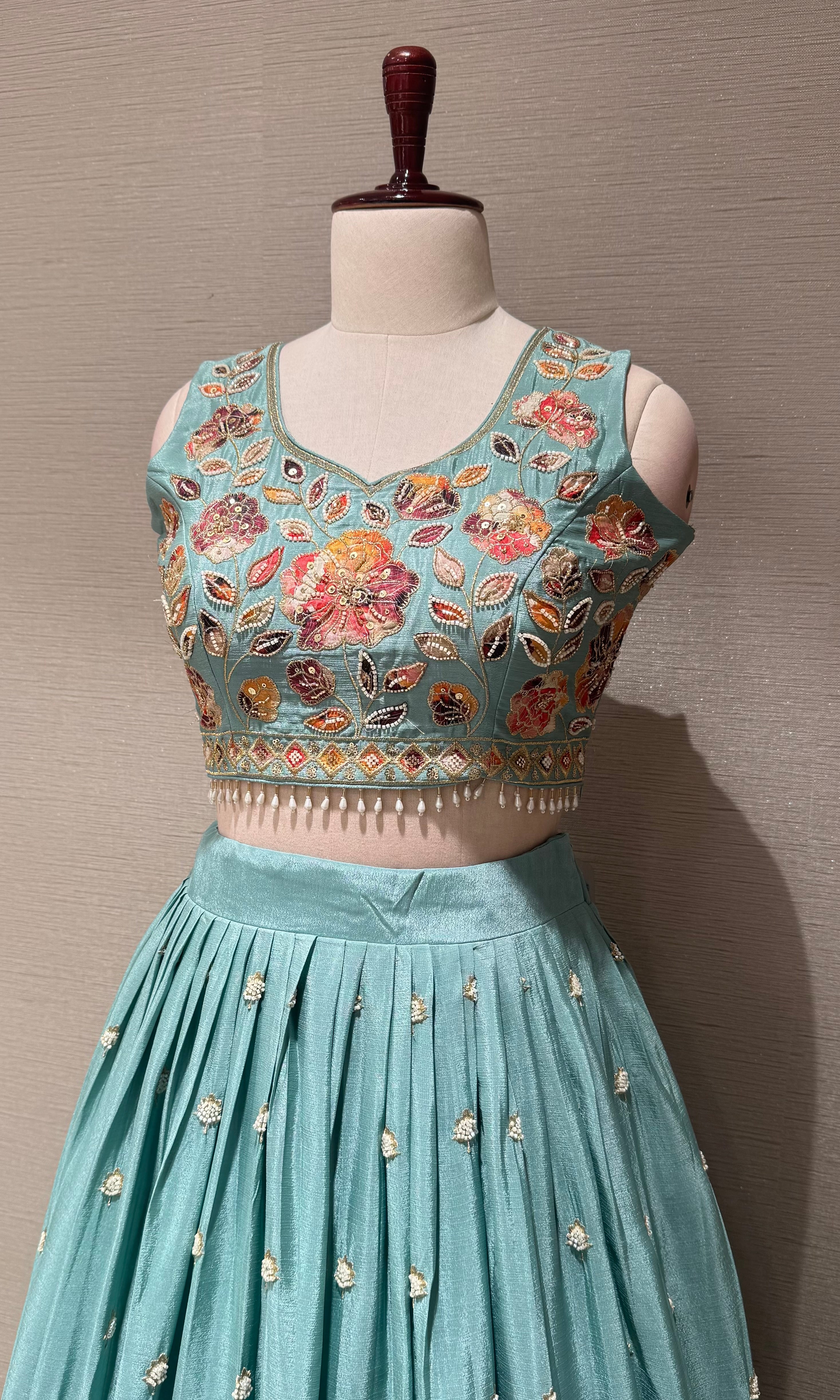 Sea blue Tissue silk Multi Floral Crop Top Lehenga set