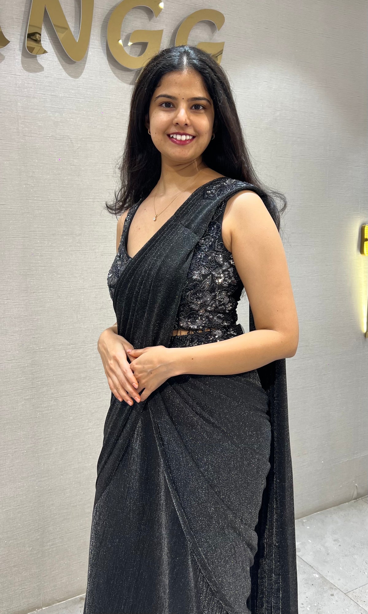 Black Shimmer Georgette Drape Saree with Velvet Blouse