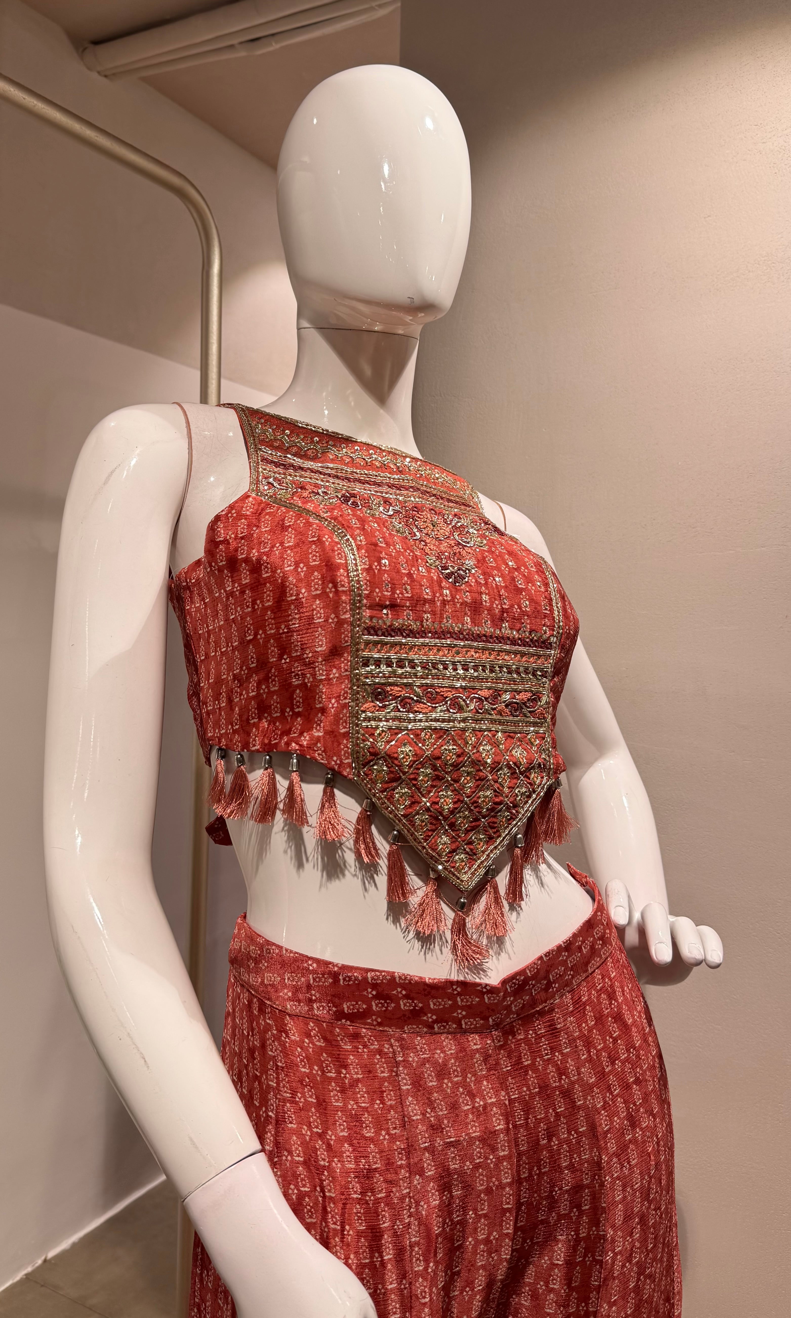 RUST EMBELLISHED BLOUSE WITH PLAZZO PANTS