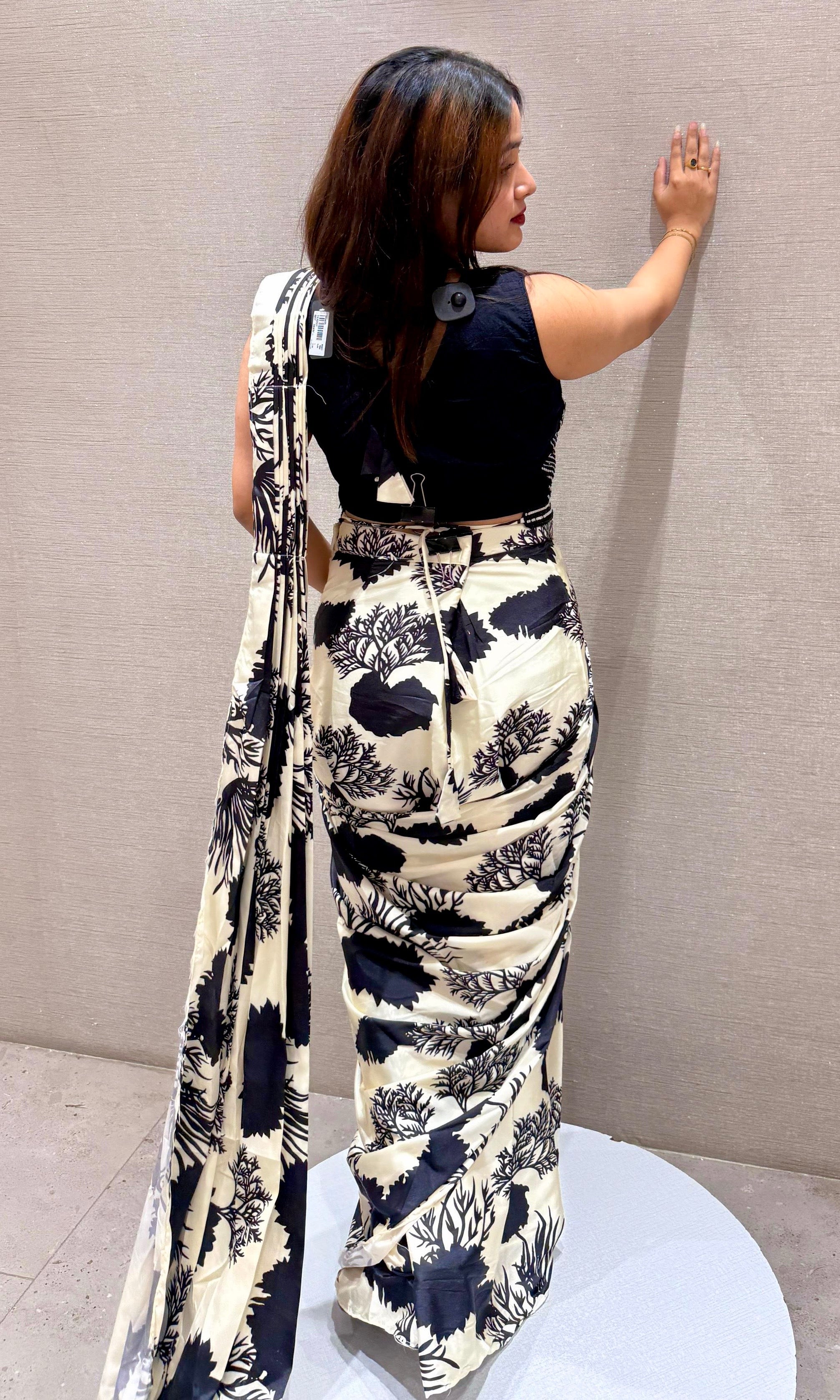 Black Floral drape saree with sequined blouse