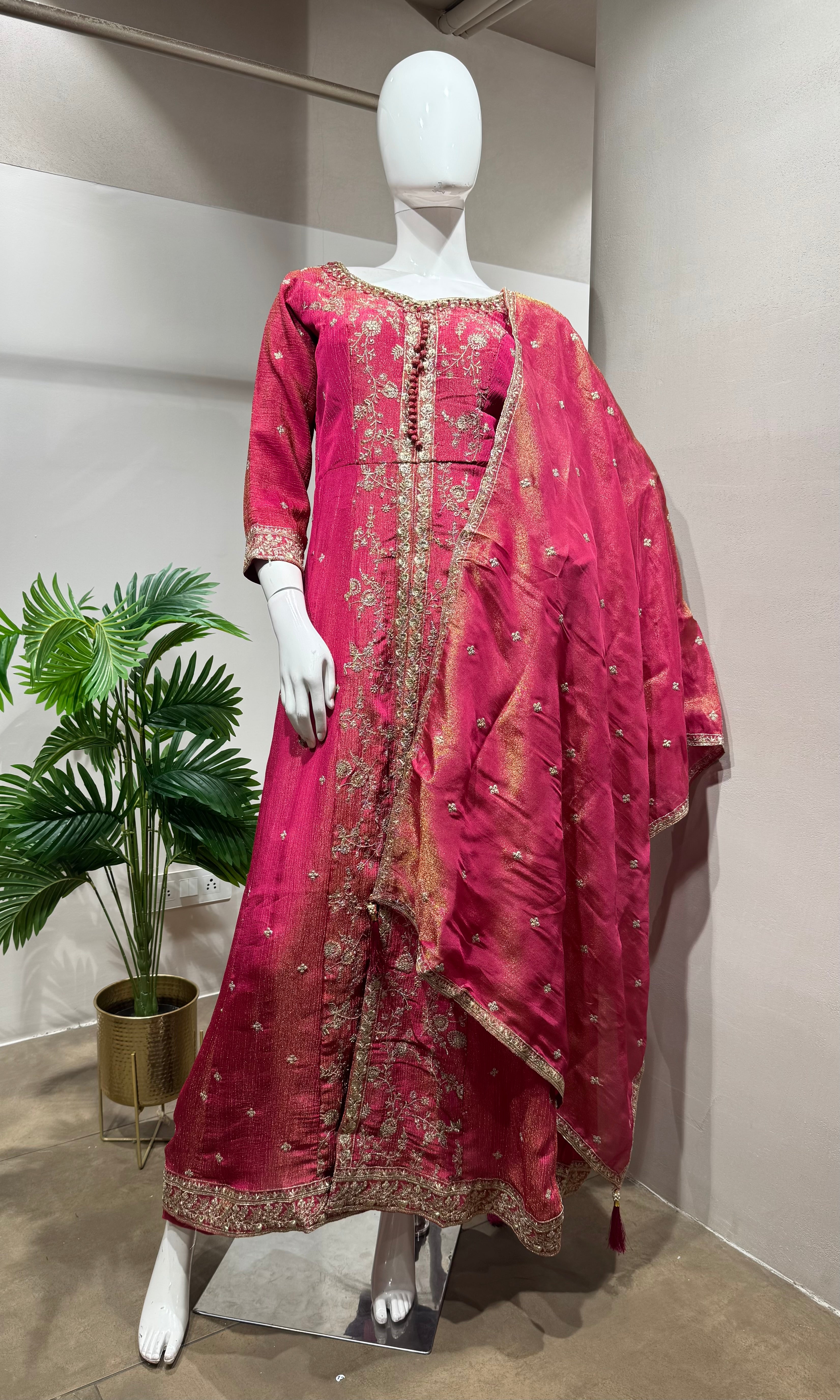 Pink Gold Embroidered Front-Slit Anarkali Set