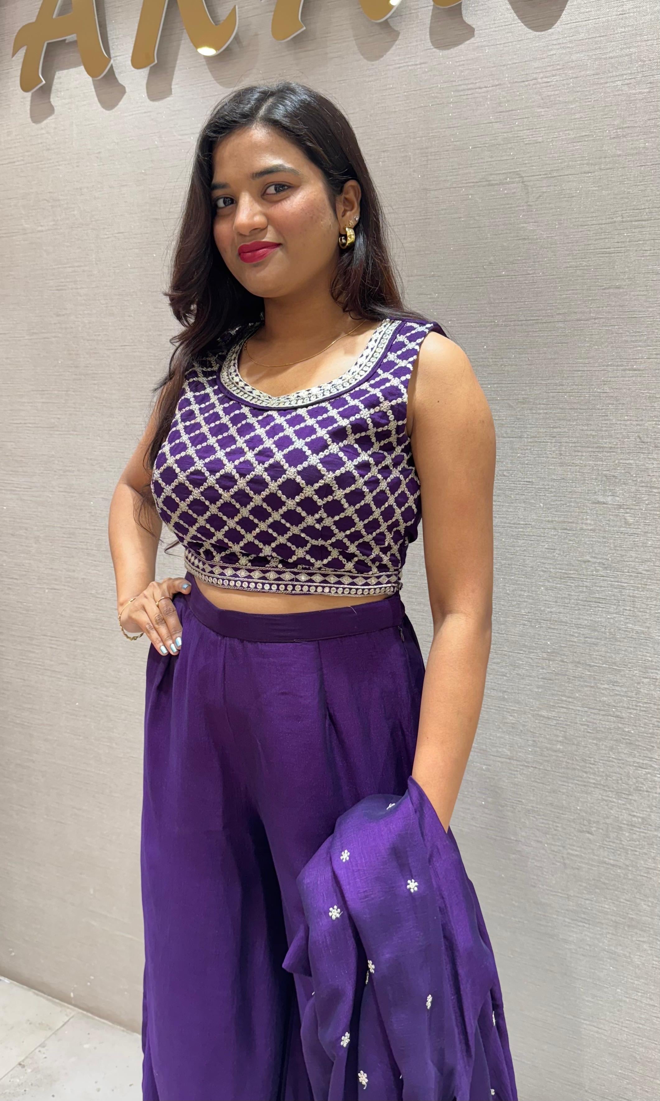 PURPLE EMBROIDERED JACKET STYLE PALAZZO