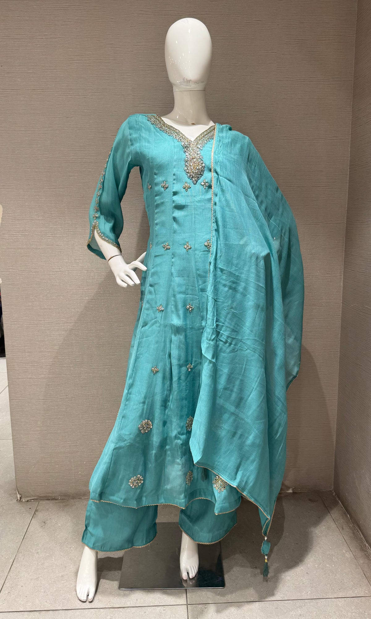 Sea Blue silk Ethnic Anarkali Set with Dupatta