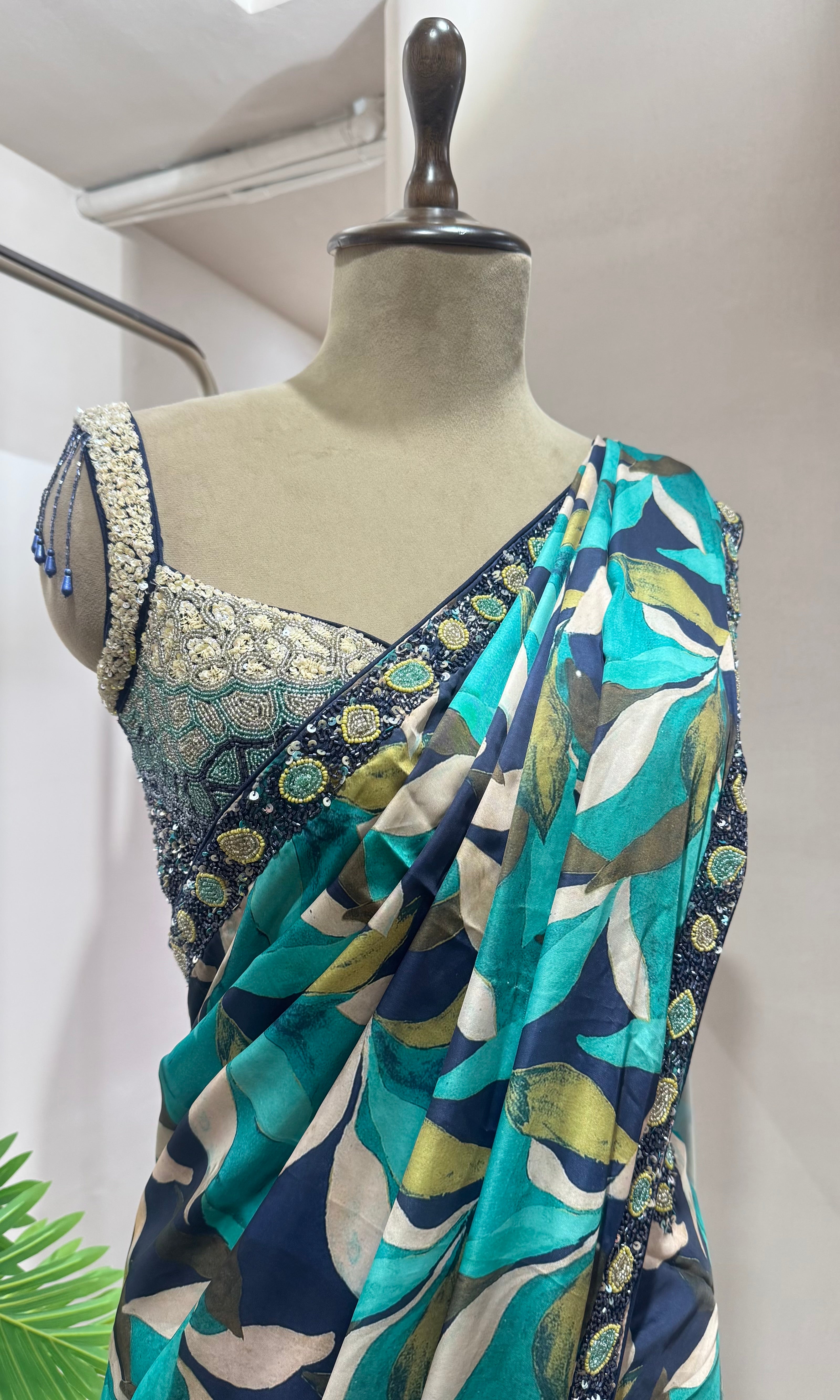 ABSTRACT DESIGN TEAL BLUE SAREE WITH BLOUSE