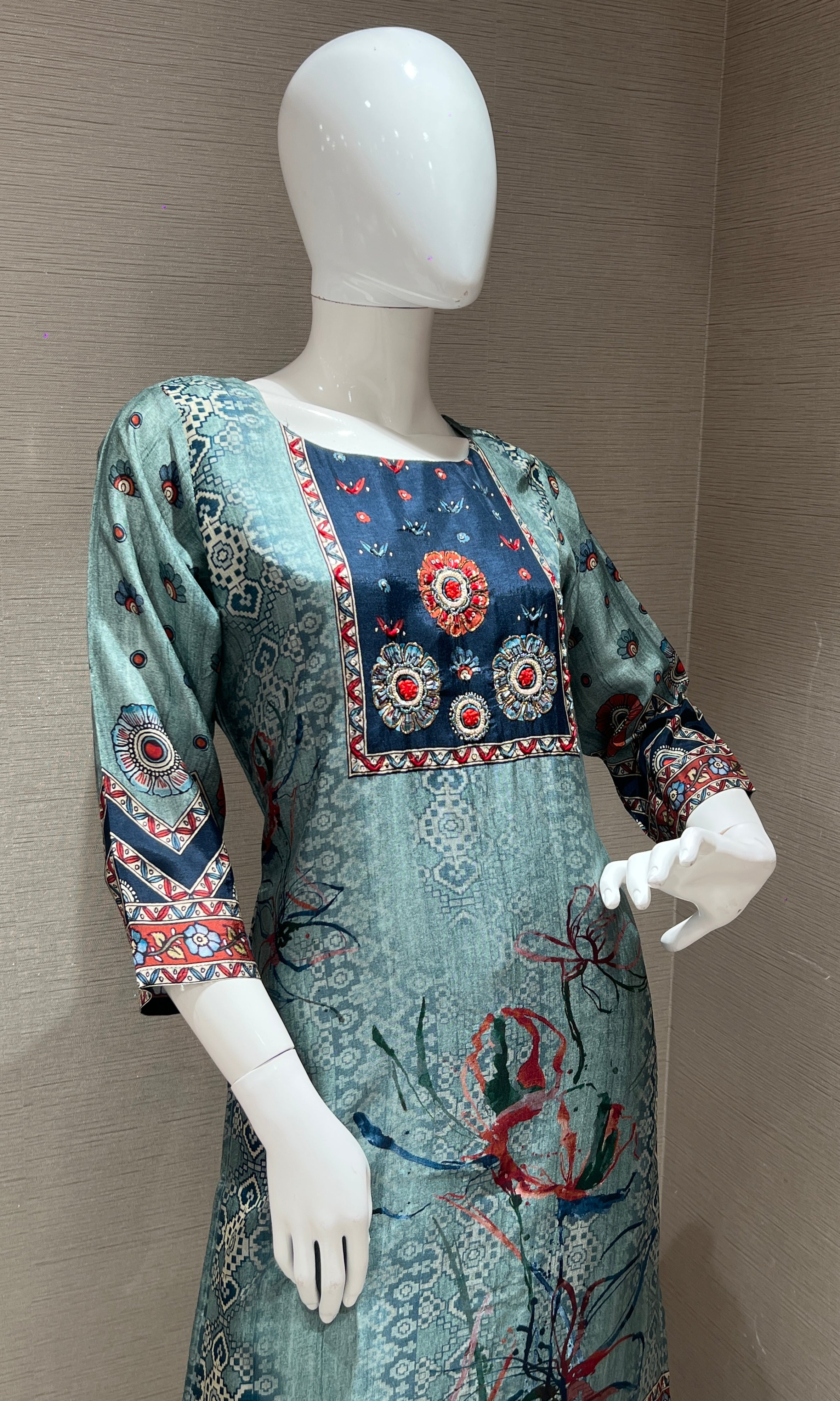 blue and sea green tussar silk kurta set