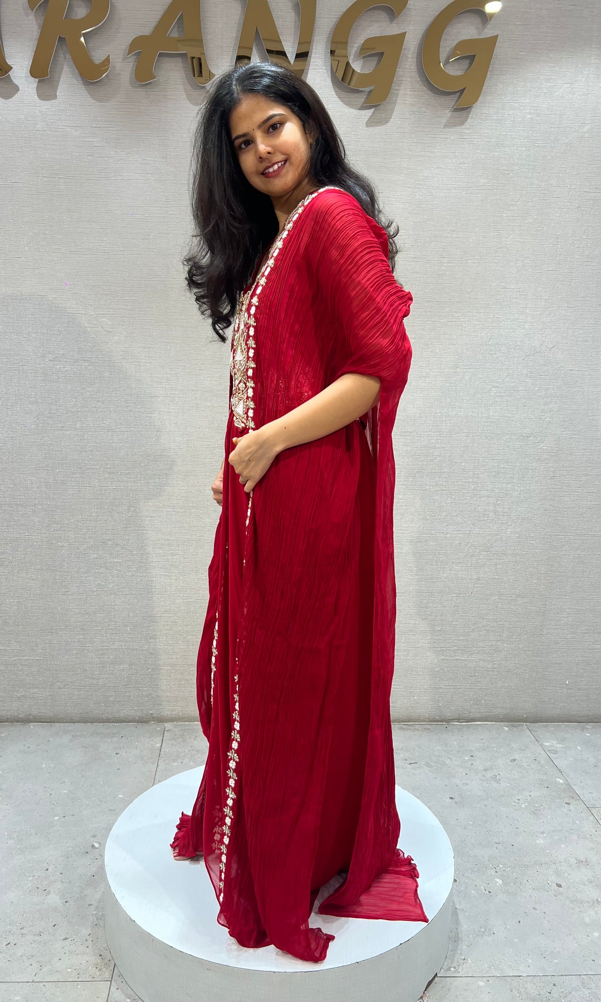 Red Embroidered Georgette skirt with Jacket & Shrug