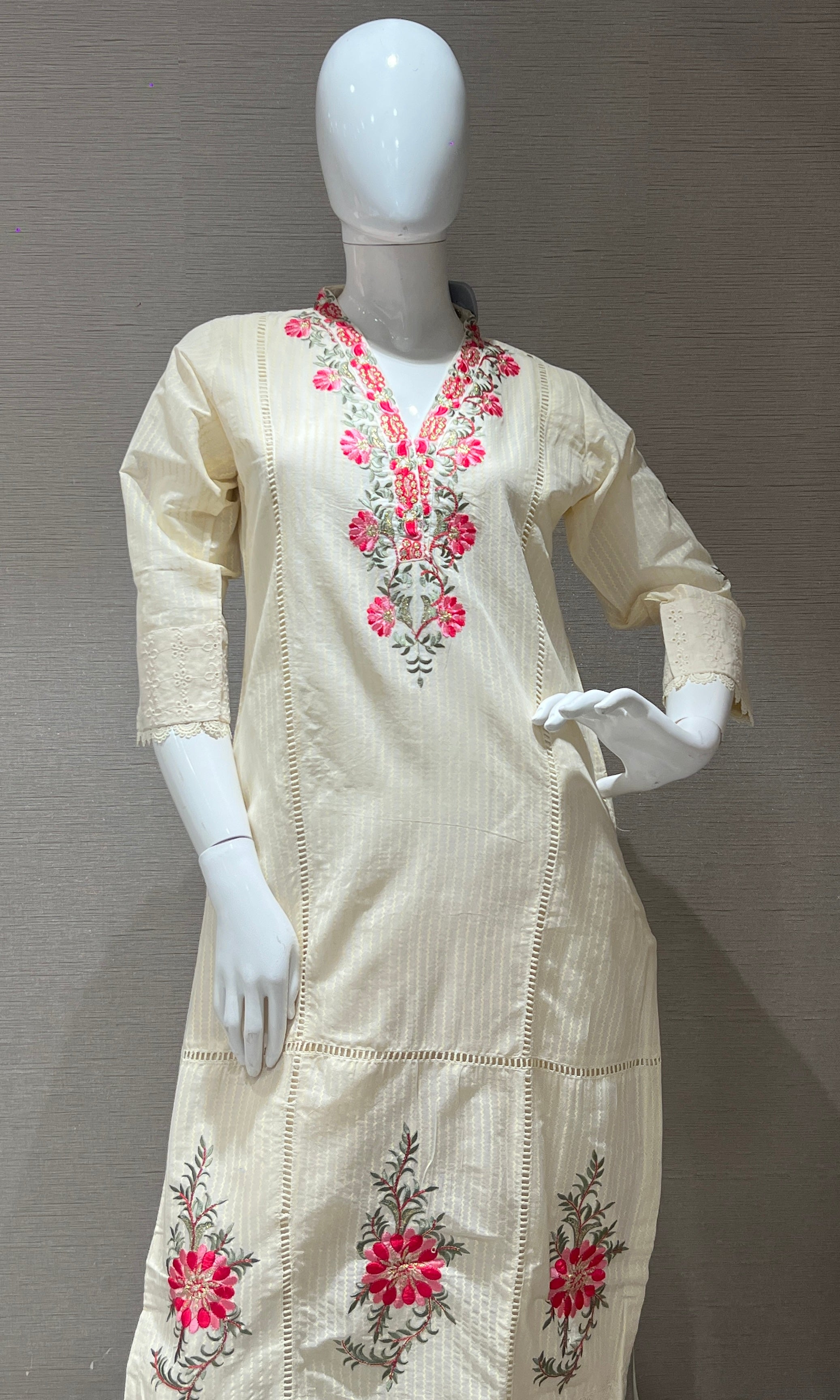 Cream Embroidered Kurta Set with Pink Dupatta