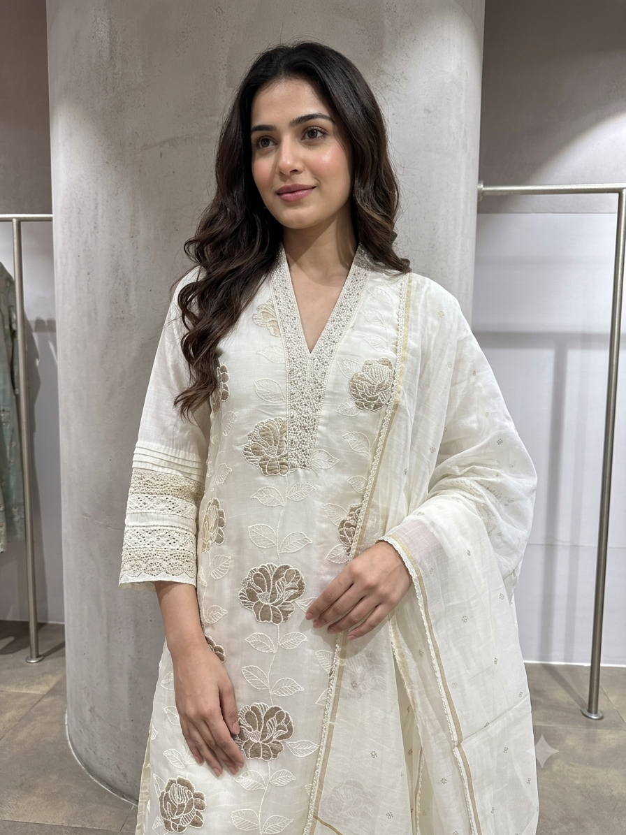 Cream gold Floral embroidered kurta set
