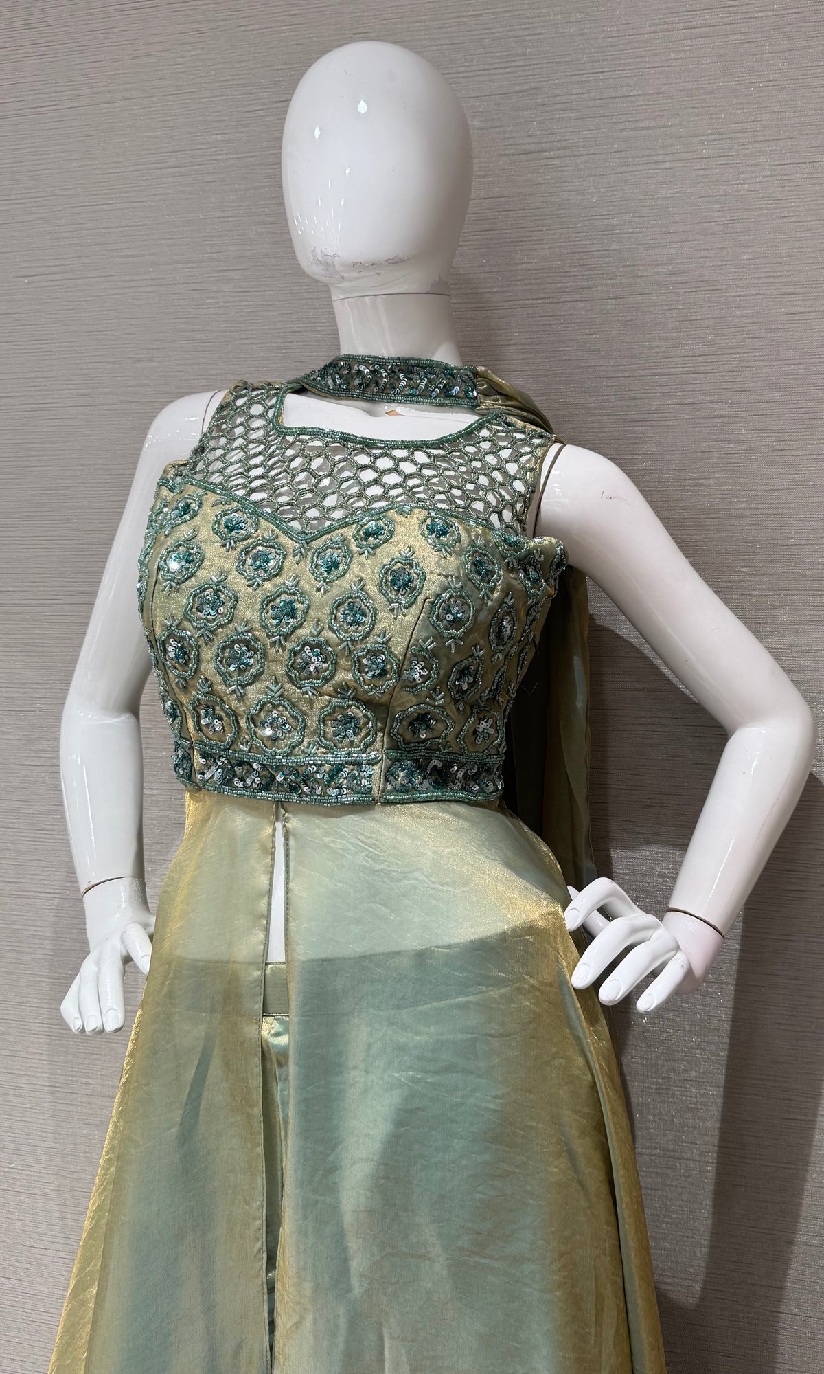 Pista green shimmer front slit anarkali palazzo set