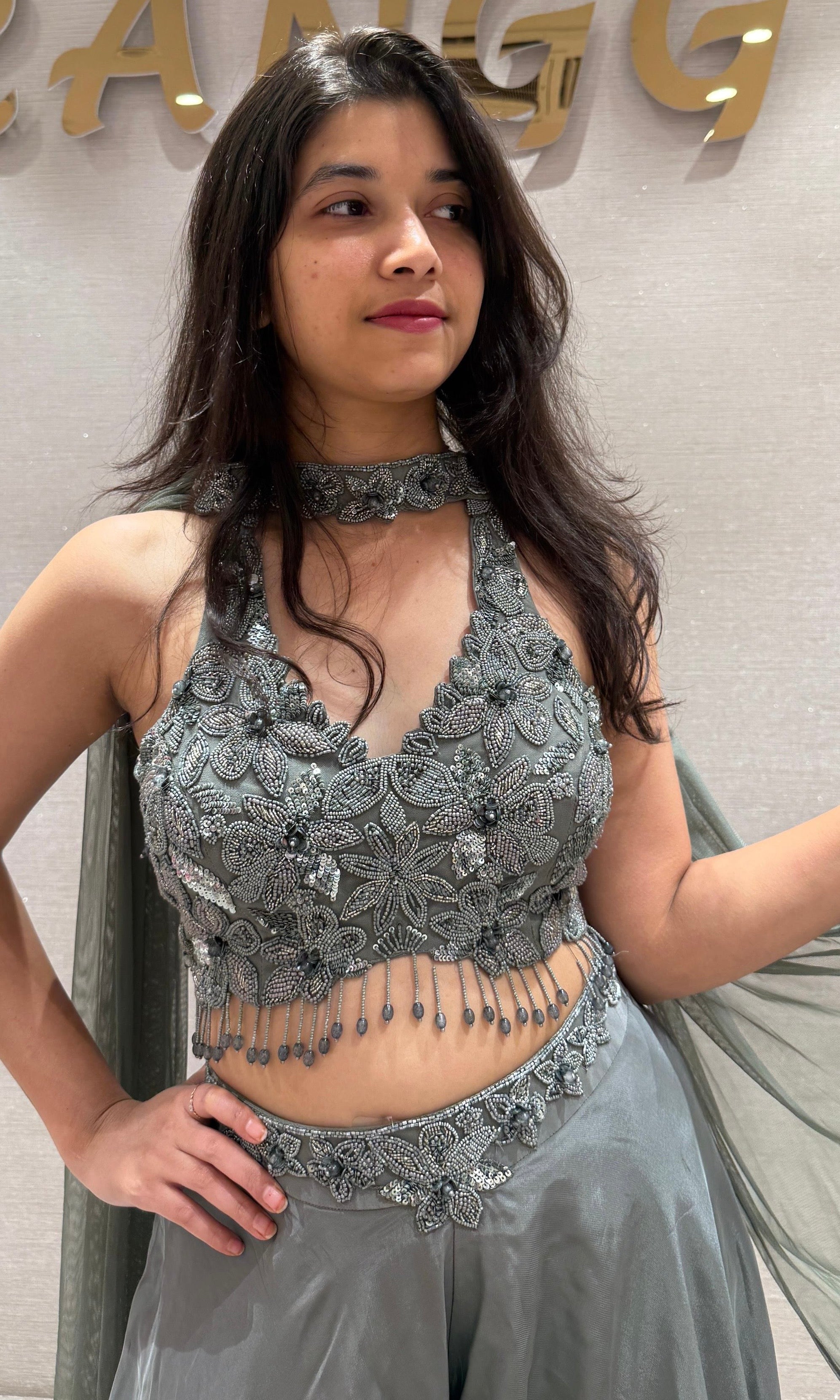 Grey Sequin embroidered palazzo