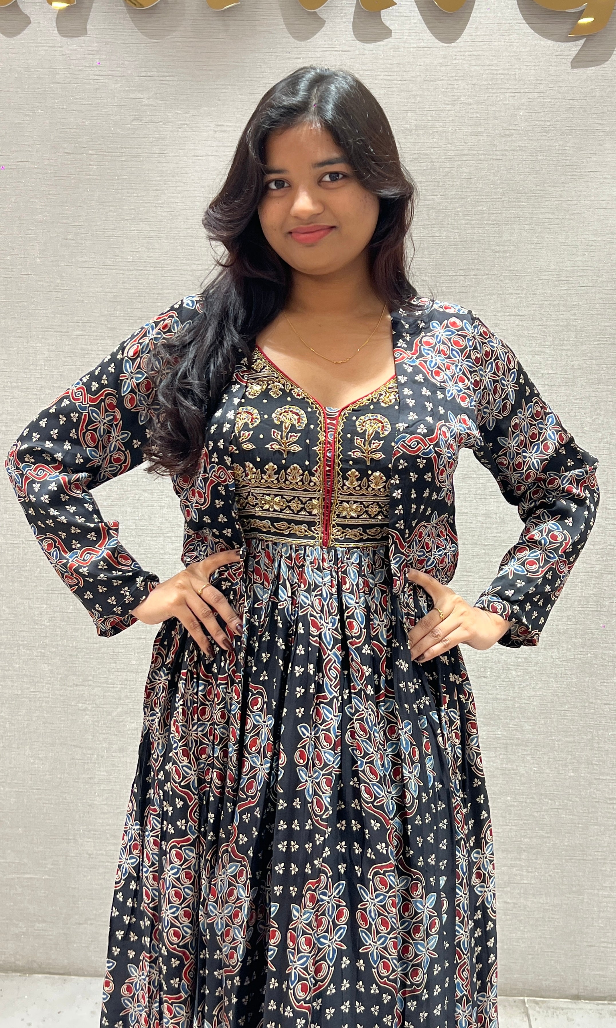 Black Floral Print Long Gown