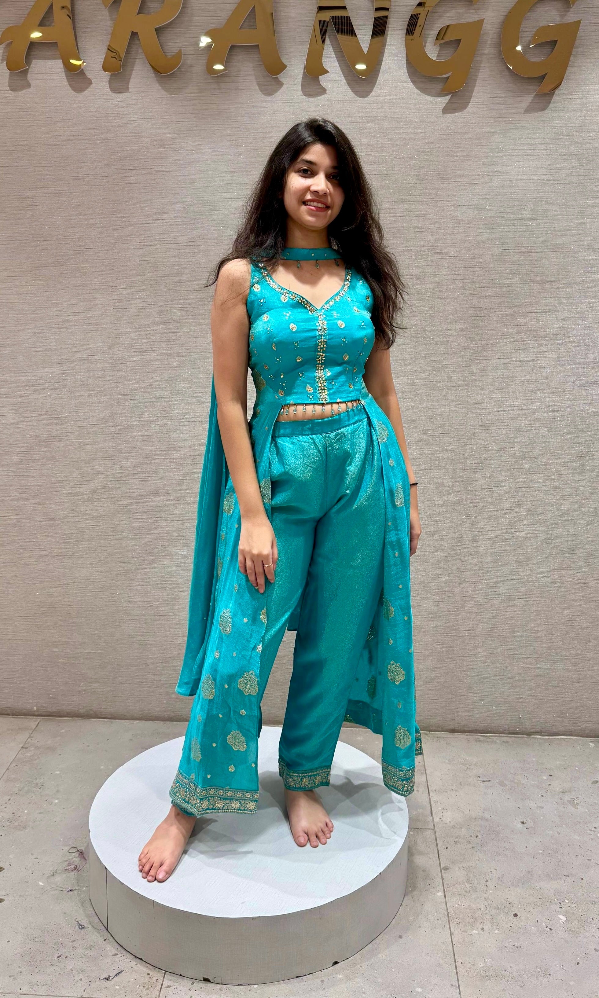 Aqua BLUE Slit Top & straight Pant Set
