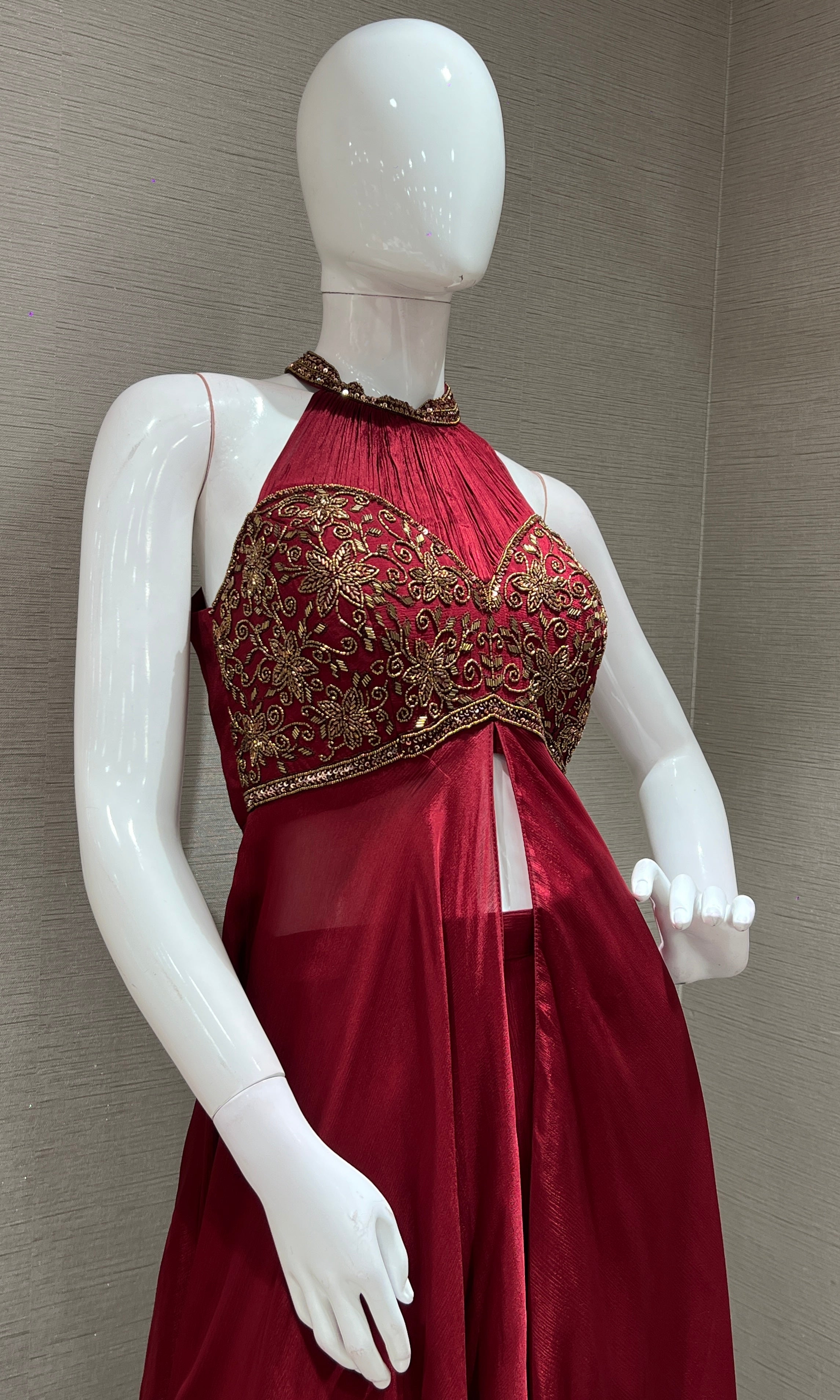 maroon HALTER NECK embroidered PALAZZO SET