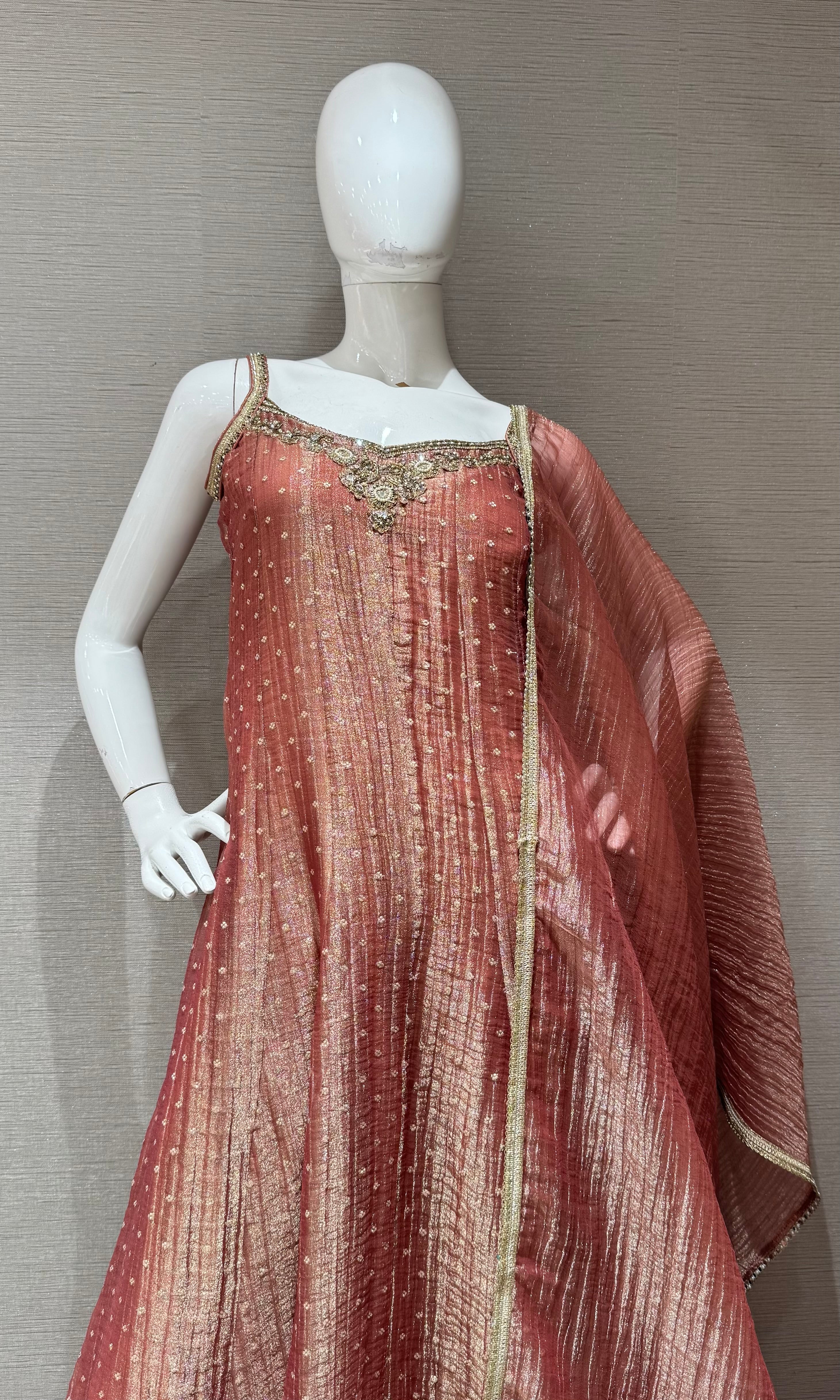 Peach Pink Shimmer Anarkali Set with Dupatta