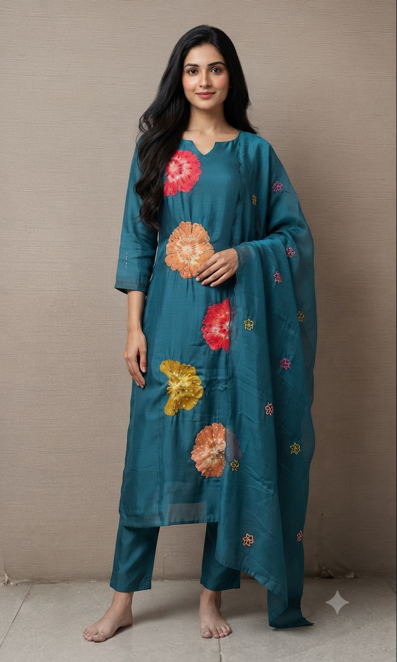Sea Green cotton silk Floral Motif Kurta set with dupatta