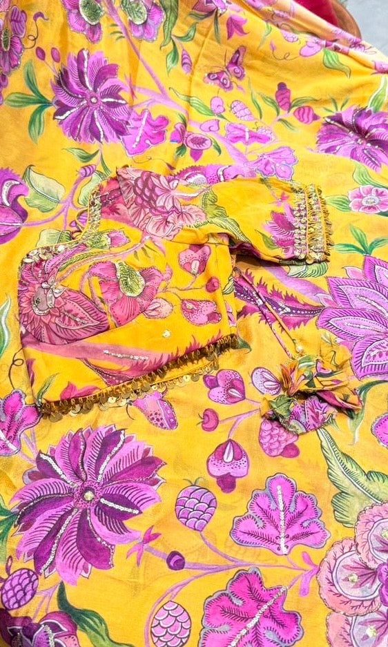 yellow floral saree with ready blouse
