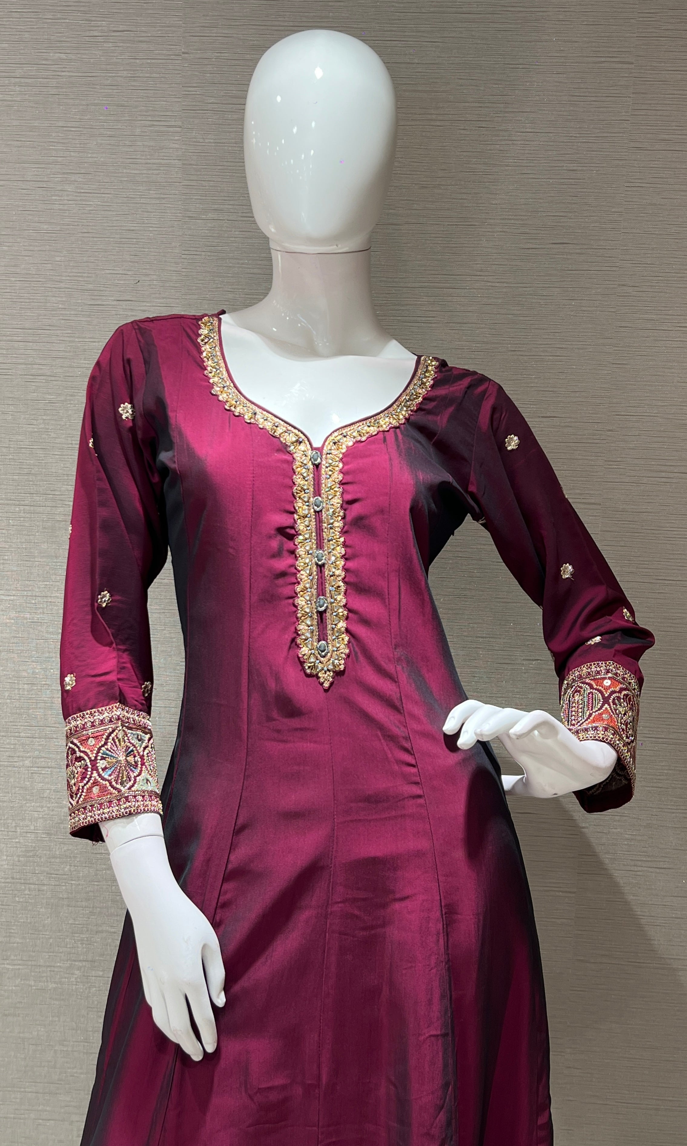 wine gold embroidery anarkali set