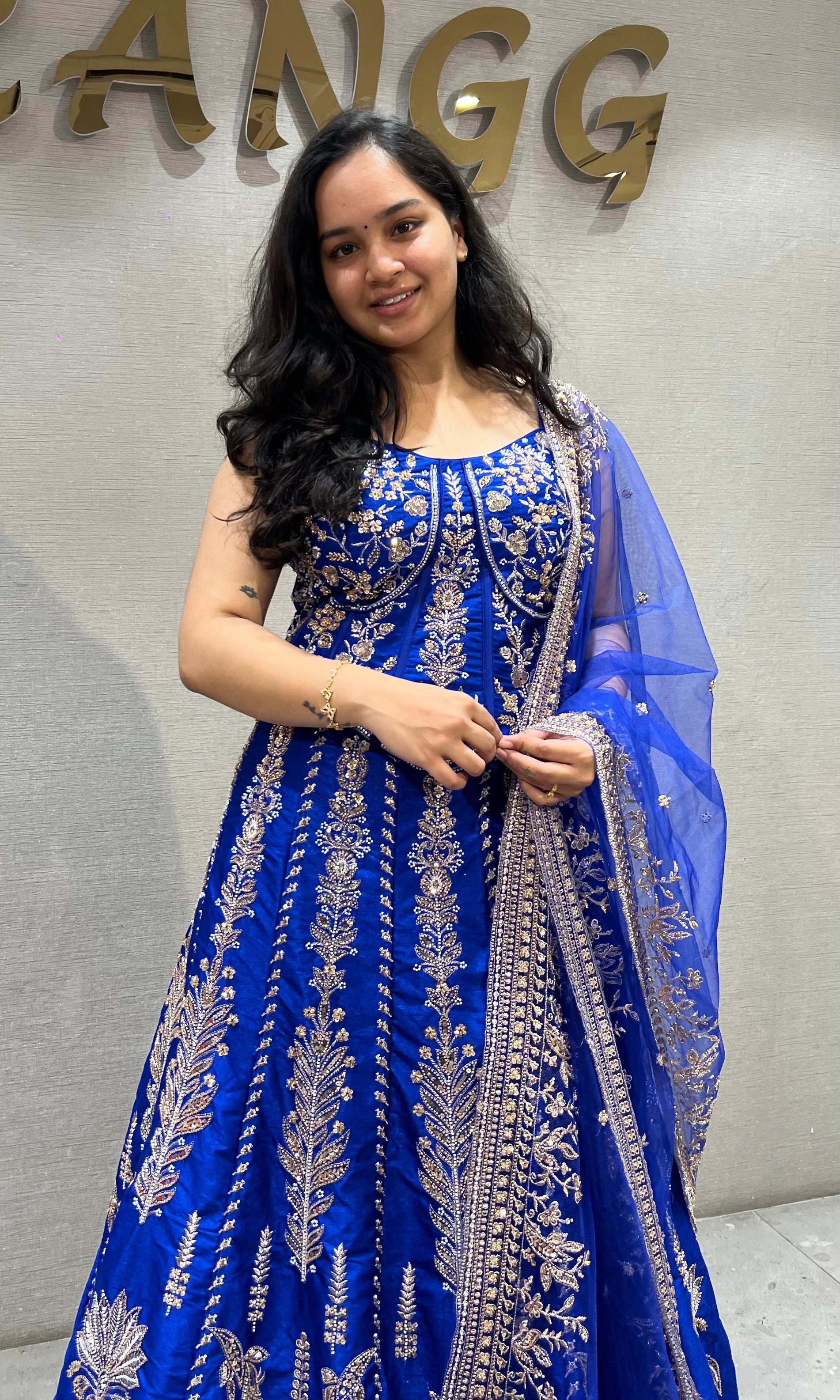 Royal blue embroidered peplum crop top lehenga set